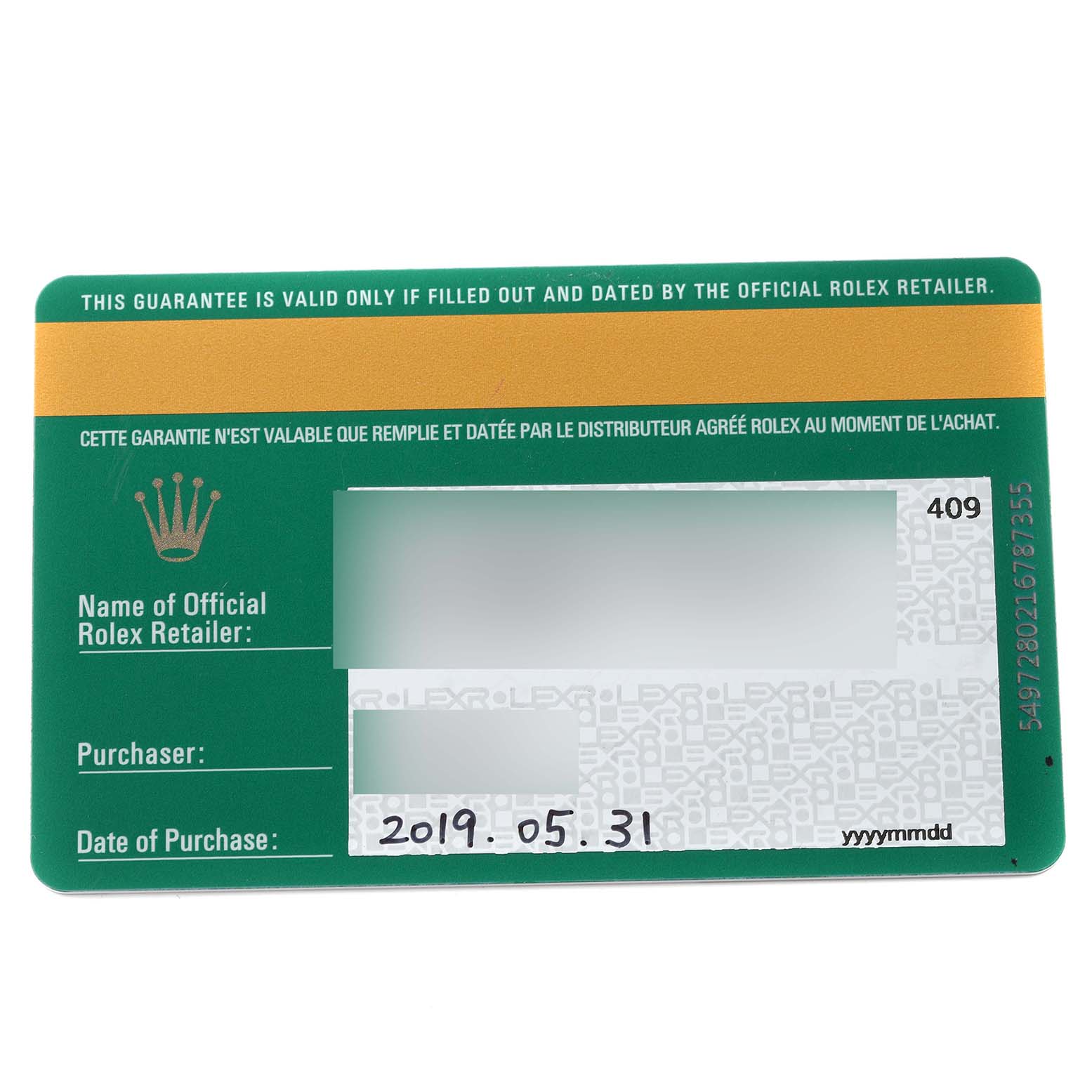 This image shows the guarantee card for a Rolex Submariner 116613 Men
s Steel and Gold (two tone) Blue Dial 116613 Men
s Steel and Gold (two tone) Blue Dial, with purchase details filled out.