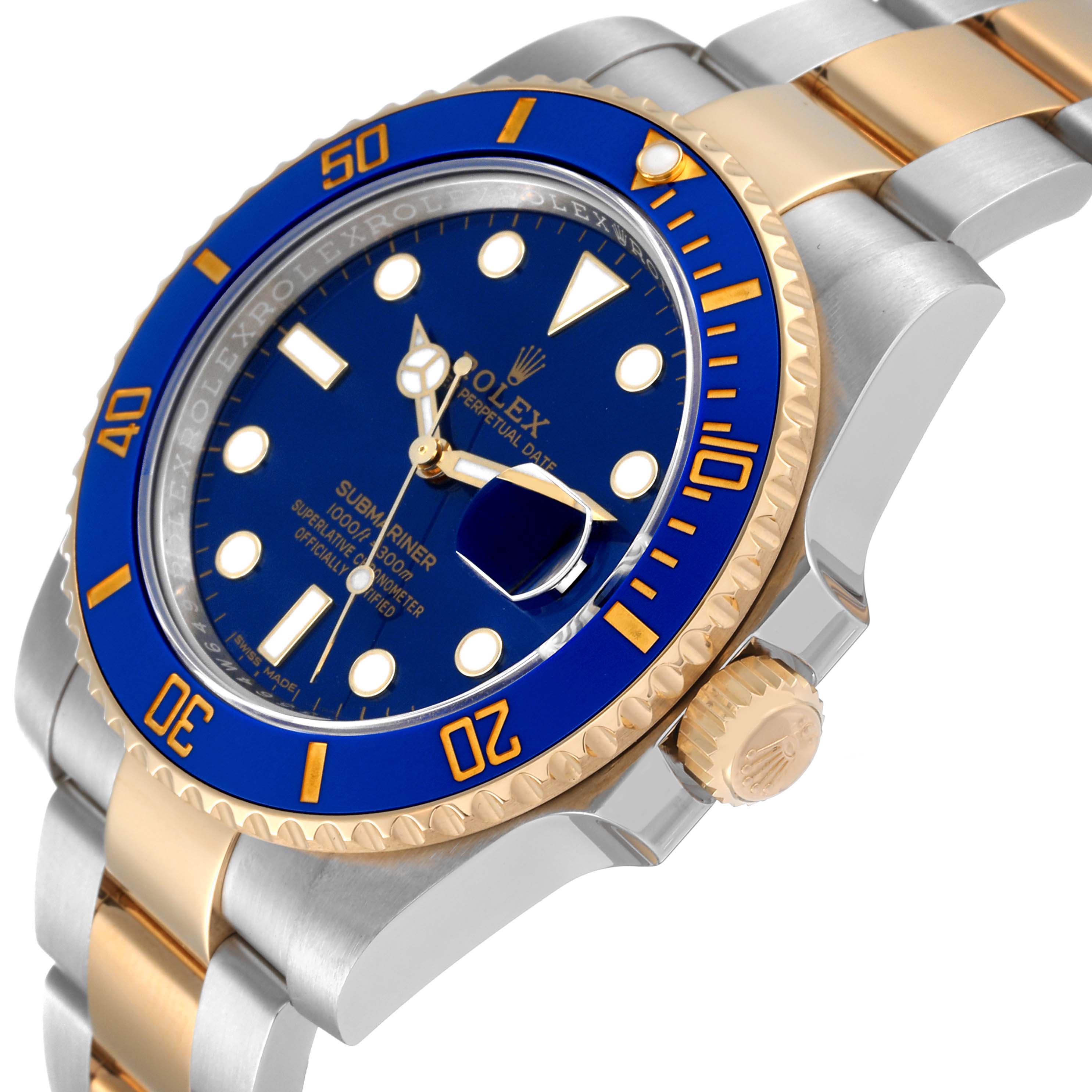 The image shows a Rolex Submariner 116613 Men
s Steel and Gold (two tone) Blue Dial 116613 Men
s Steel and Gold (two tone) Blue Dial model watch from an angled side view, highlighting the blue dial, bezel, gold accents, and crown.
