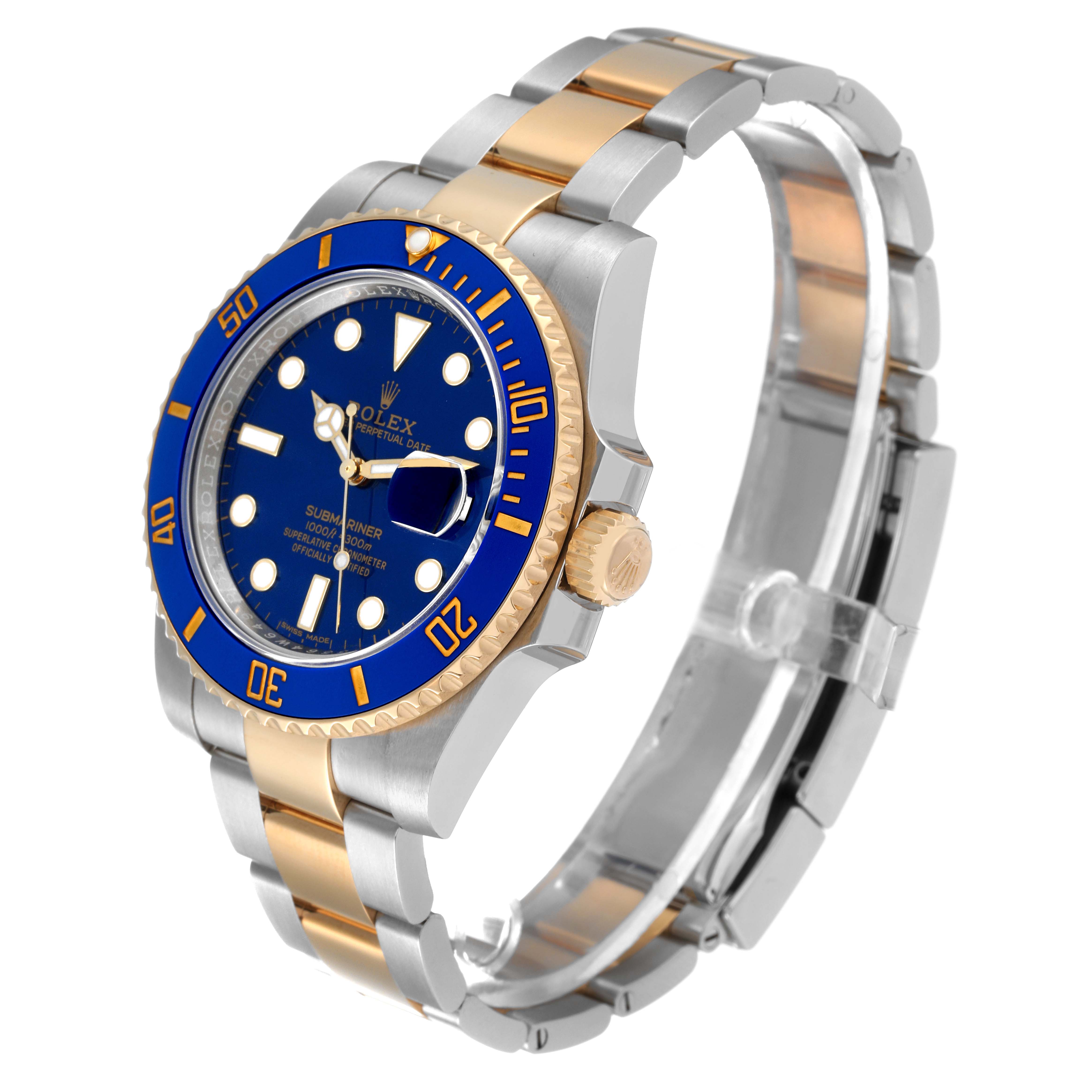 The Rolex Submariner 116613 Men
s Steel and Gold (two tone) Blue Dial 116613 Men
s Steel and Gold (two tone) Blue Dial watch is shown at a three-quarter angle, highlighting the blue dial, bezel, and two-tone bracelet.