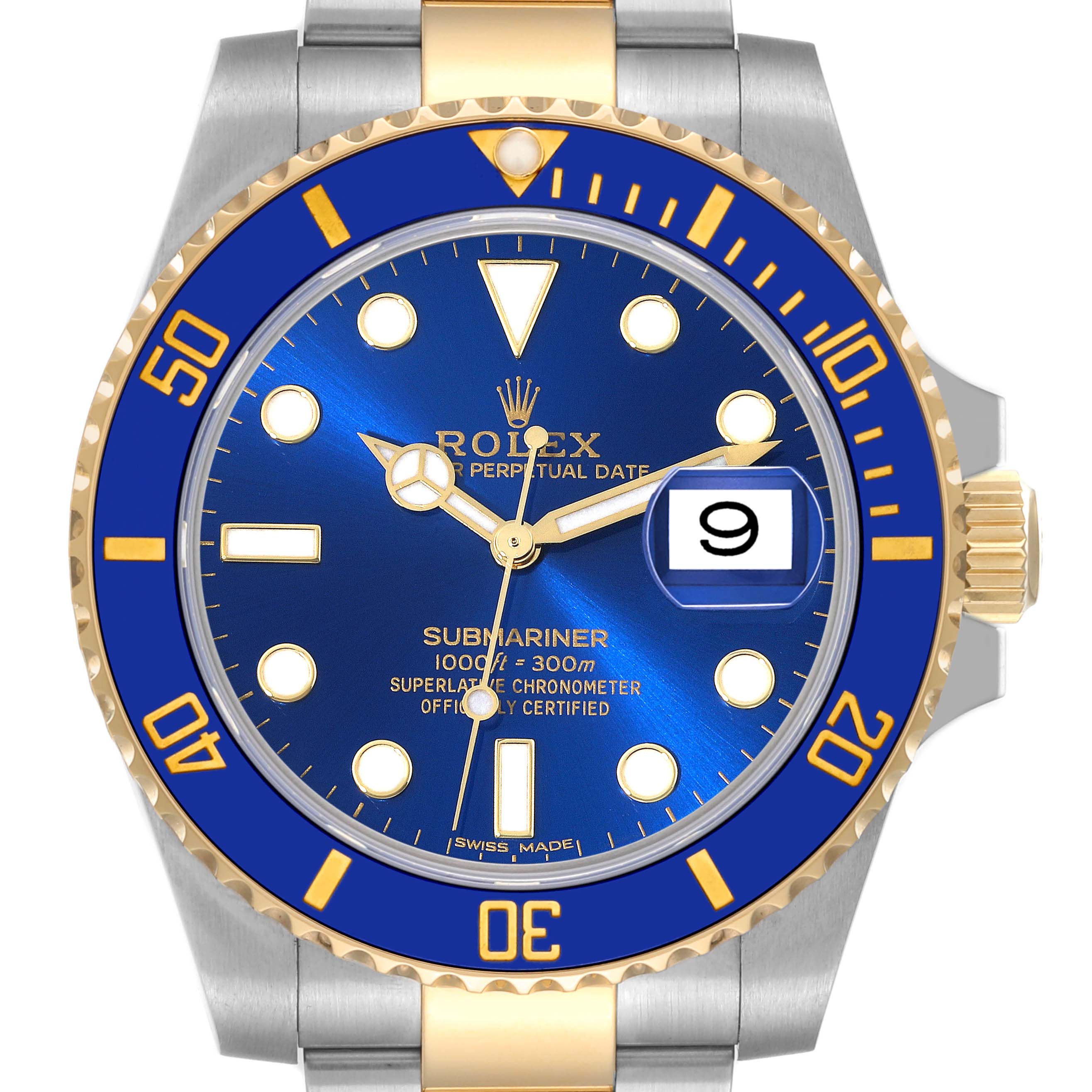 The Rolex Submariner 116613 Men
s Steel and Gold (two tone) Blue Dial 116613 Men
s Steel and Gold (two tone) Blue Dial watch is shown from a front angle, displaying the face, bezel, and part of the bracelet.