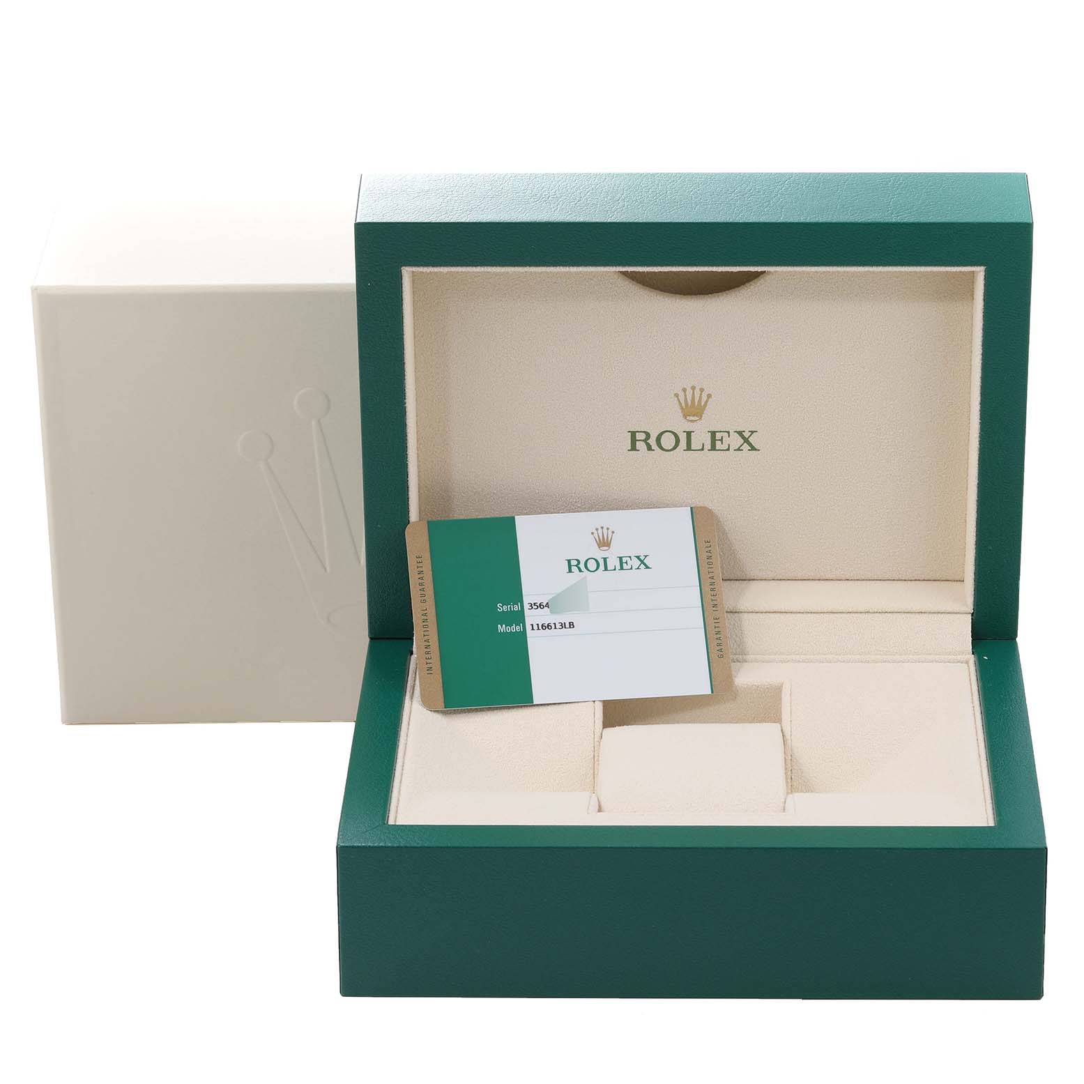 The image shows the packaging box of a Rolex Submariner 116613 Men
s Steel and Gold (two tone) Blue Dial 116613 Men
s Steel and Gold (two tone) Blue Dial watch, including an Best Quality
ation card.