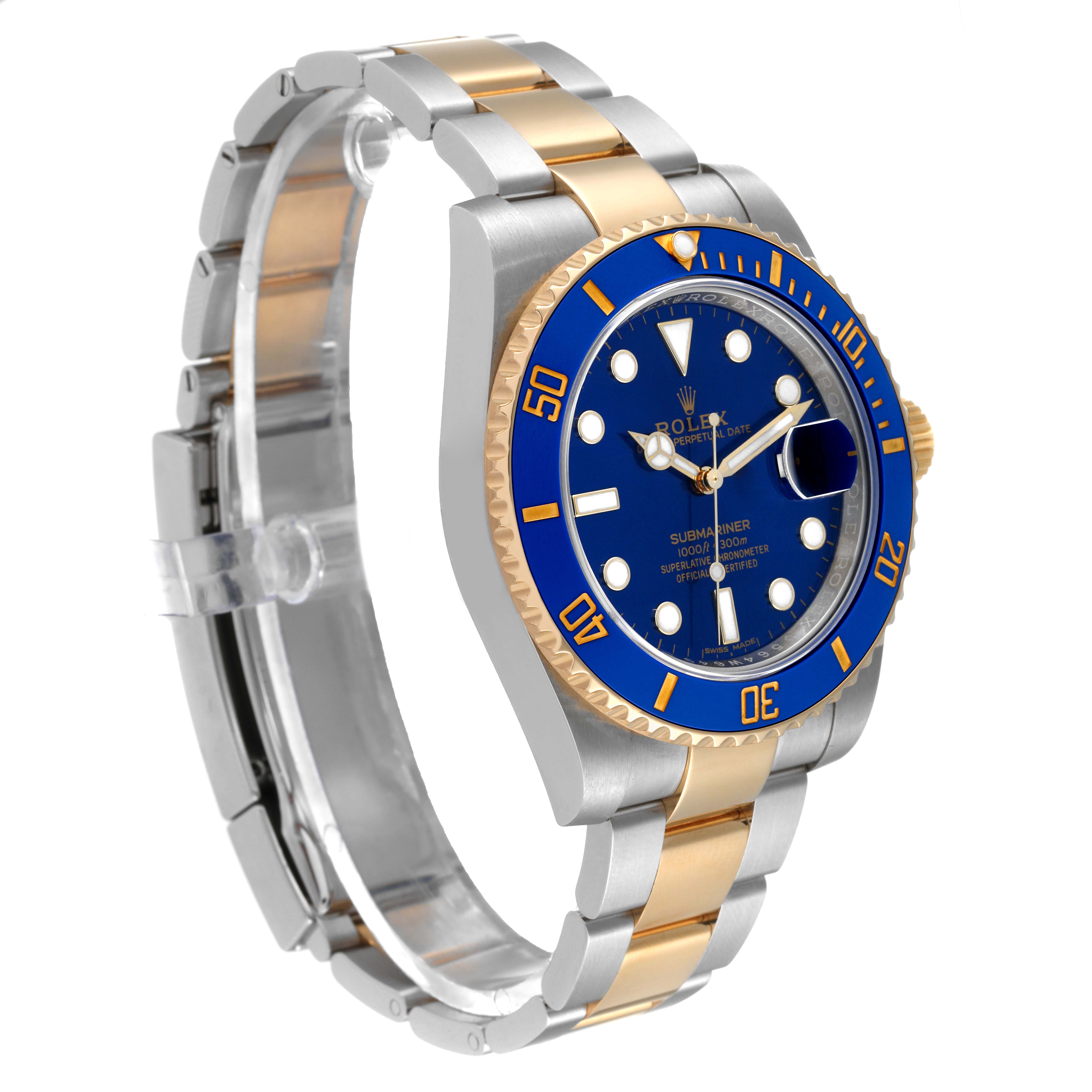 This image shows the left-side angle of a Rolex Submariner 116613 Men
s Steel and Gold (two tone) Blue Dial 116613 Men
s Steel and Gold (two tone) Blue Dial, highlighting its blue dial, two-tone bracelet, and bezel.
