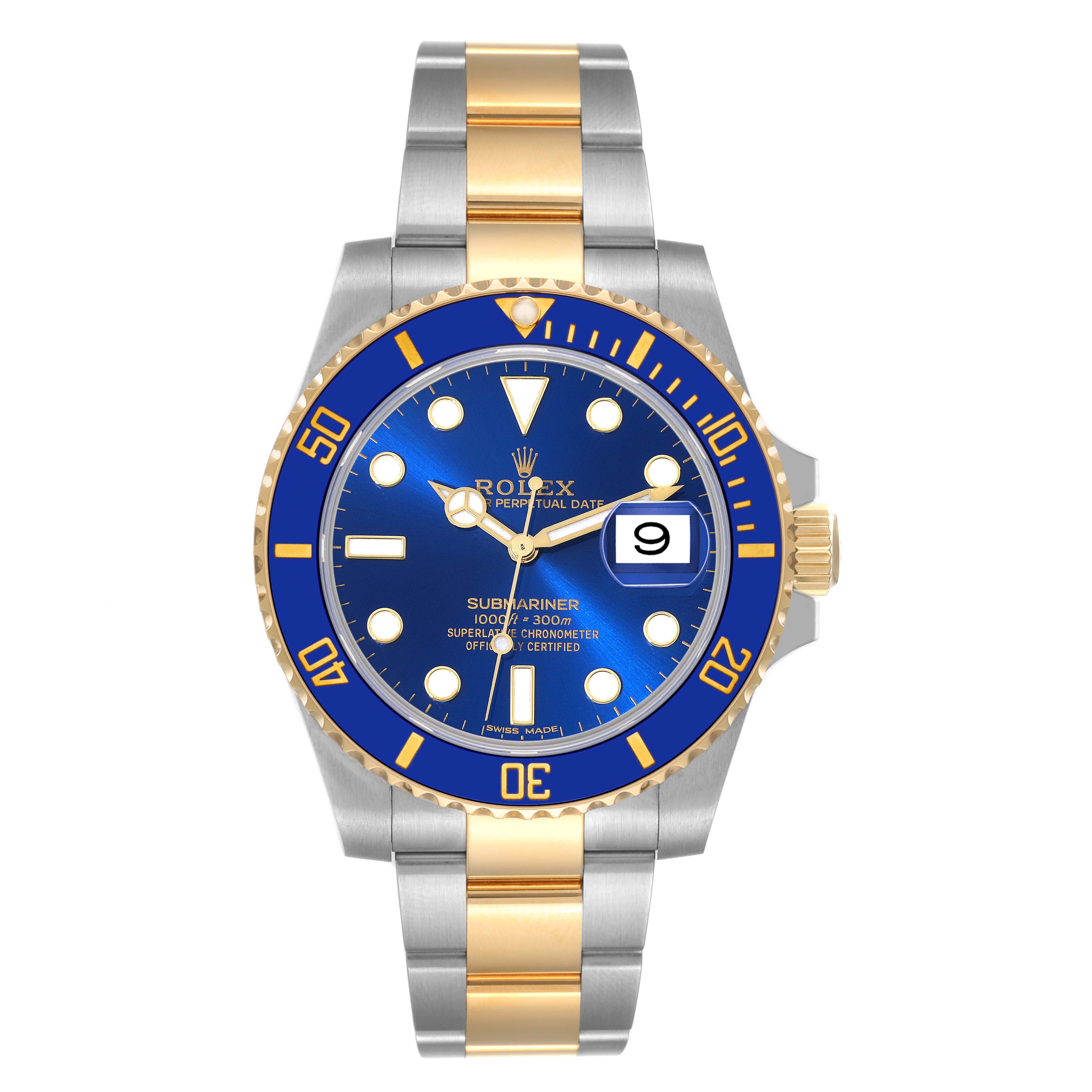 The image shows a Rolex Submariner 116613 Men
s Steel and Gold (two tone) Blue Dial 116613 Men
s Steel and Gold (two tone) Blue Dial watch with a blue dial and two-tone metal bracelet, viewed from the front.