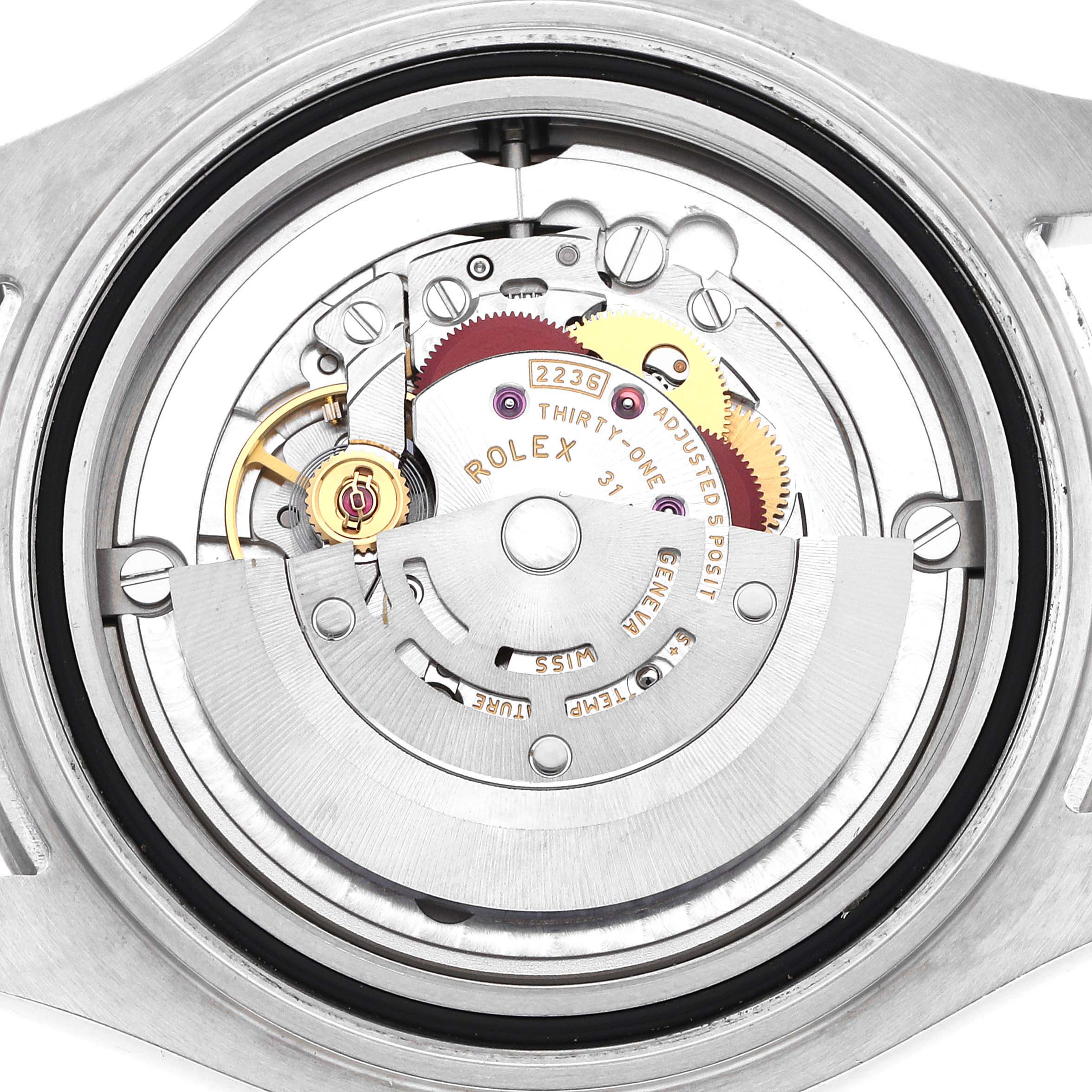 The image shows the back view of a Rolex Yacht-Master 268622 Men's Stainless Steel Grey Dial 268622 Men's Stainless Steel Grey Dial watch, highlighting its intricate movement and mechanical parts.