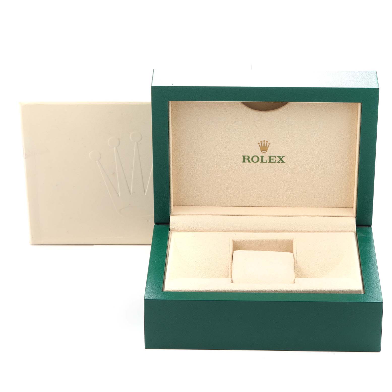 This image shows the open box and packaging for a Rolex Yacht-Master 268622 Men's Stainless Steel Grey Dial 268622 Men's Stainless Steel Grey Dial watch, viewed from the front.