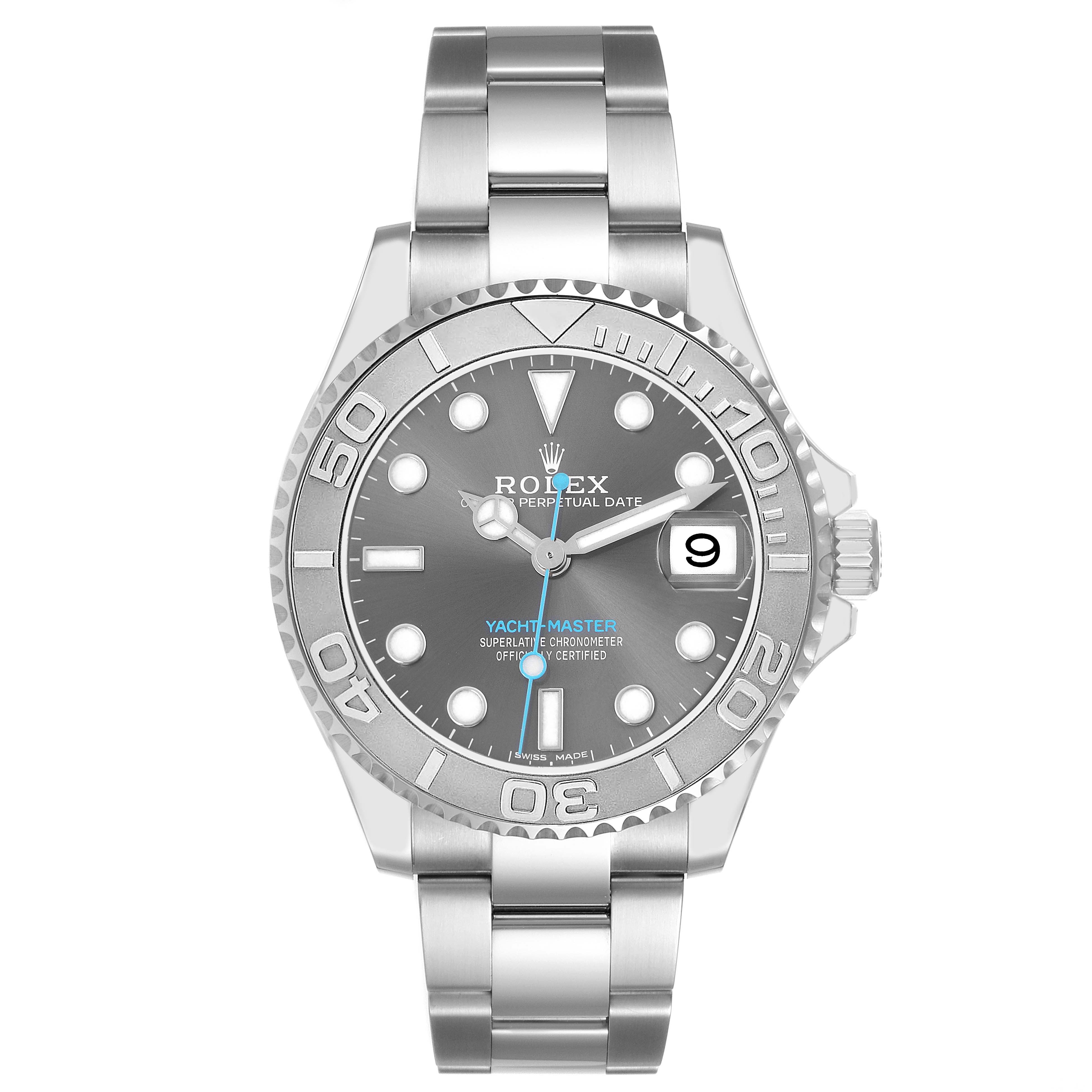 The Rolex Yacht-Master 268622 Men's Stainless Steel Grey Dial 268622 Men's Stainless Steel Grey Dial watch is shown from the front, displaying the dial, bezel, hands, date window, and bracelet.