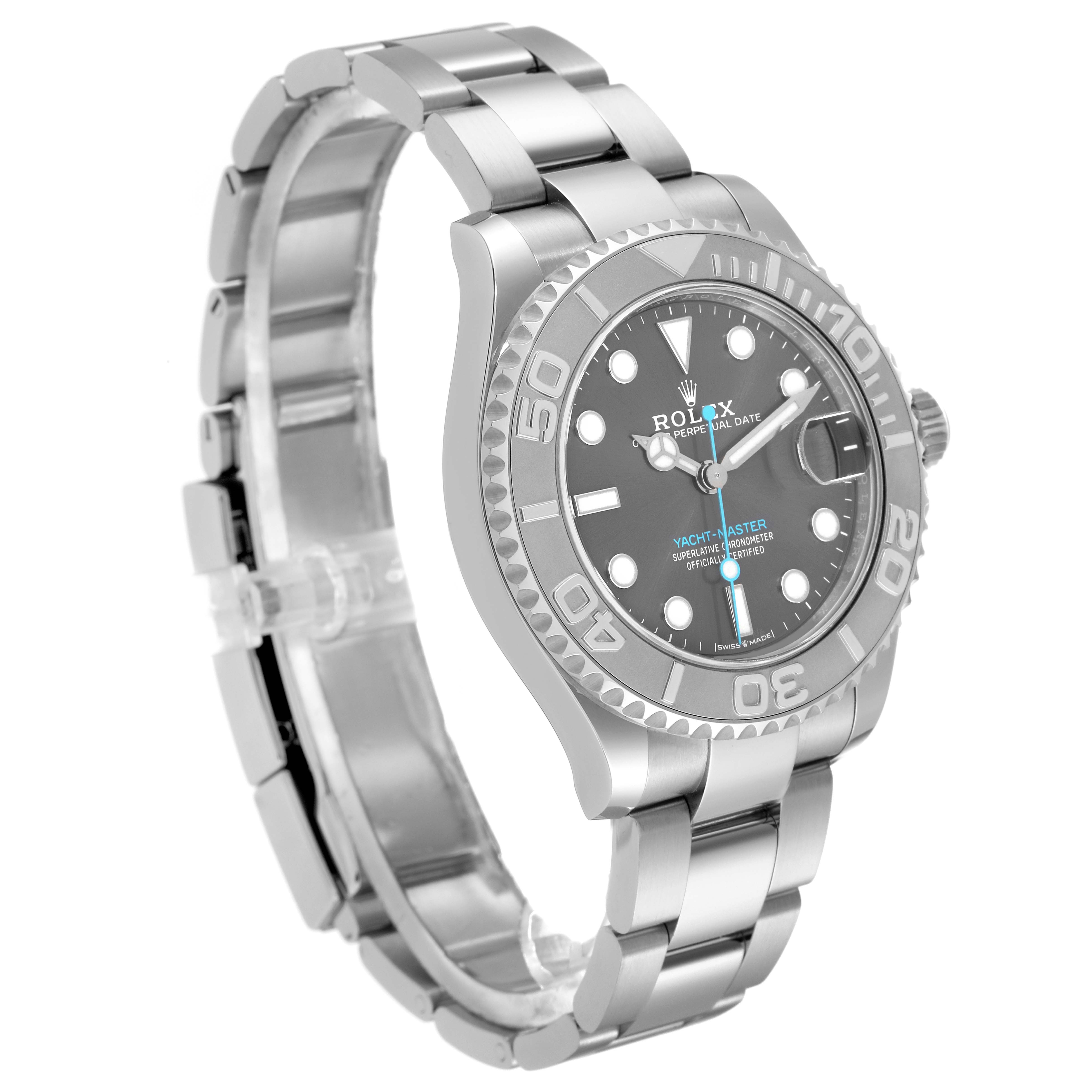 The Rolex Yacht-Master 268622 Men's Stainless Steel Grey Dial 268622 Men's Stainless Steel Grey Dial watch is shown at a three-quarter angle, displaying its face, bezel, crown, and bracelet.