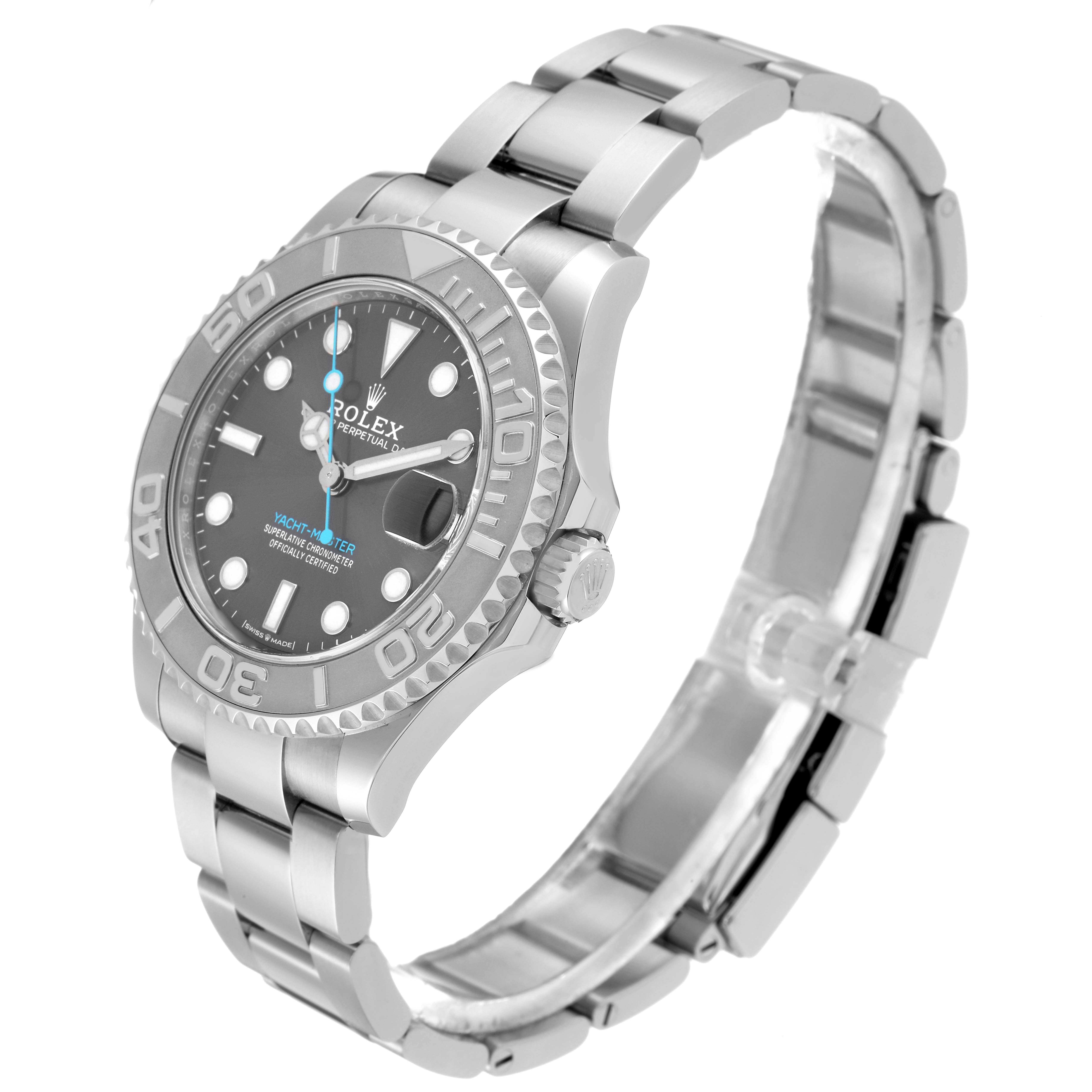 The Rolex Yacht-Master 268622 Men's Stainless Steel Grey Dial 268622 Men's Stainless Steel Grey Dial watch is shown at a tilted side angle, displaying the face, bezel, and bracelet.