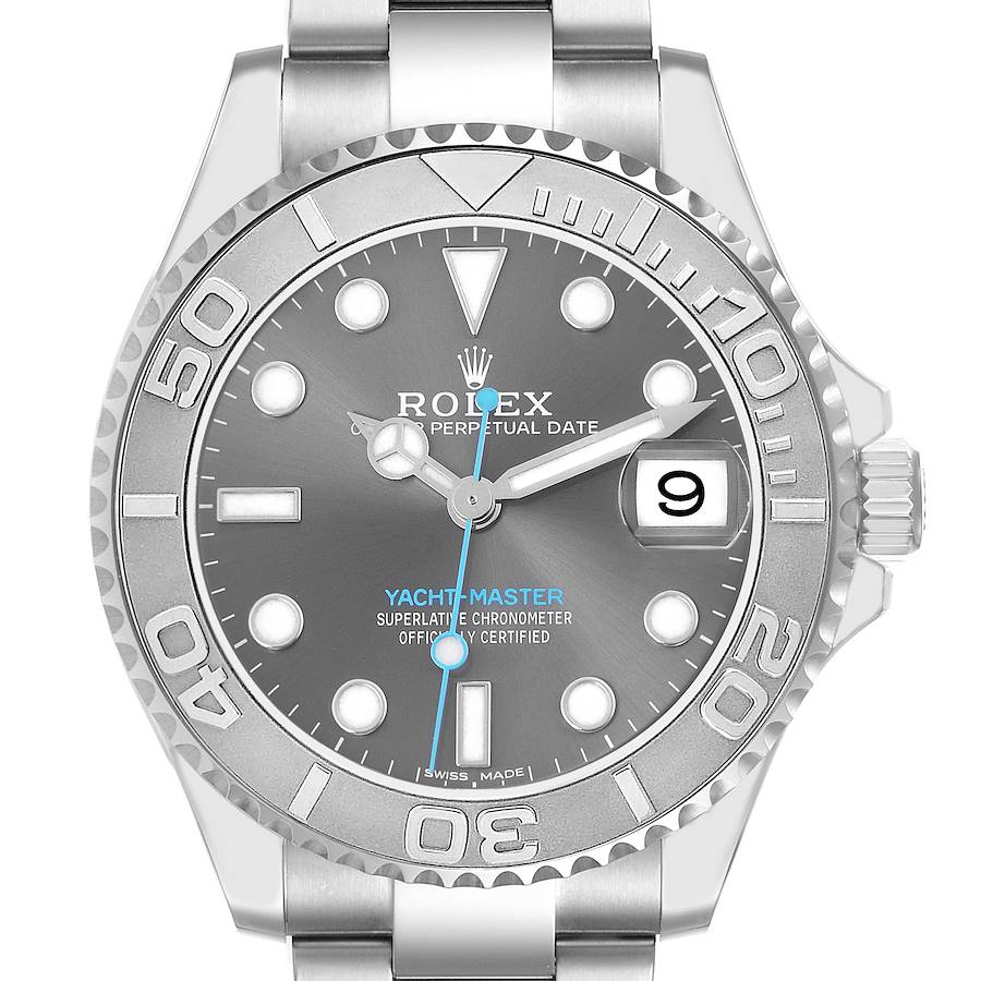 The Rolex Yacht-Master watch is shown from the front, displaying the dial, bezel, and part of the bracelet.