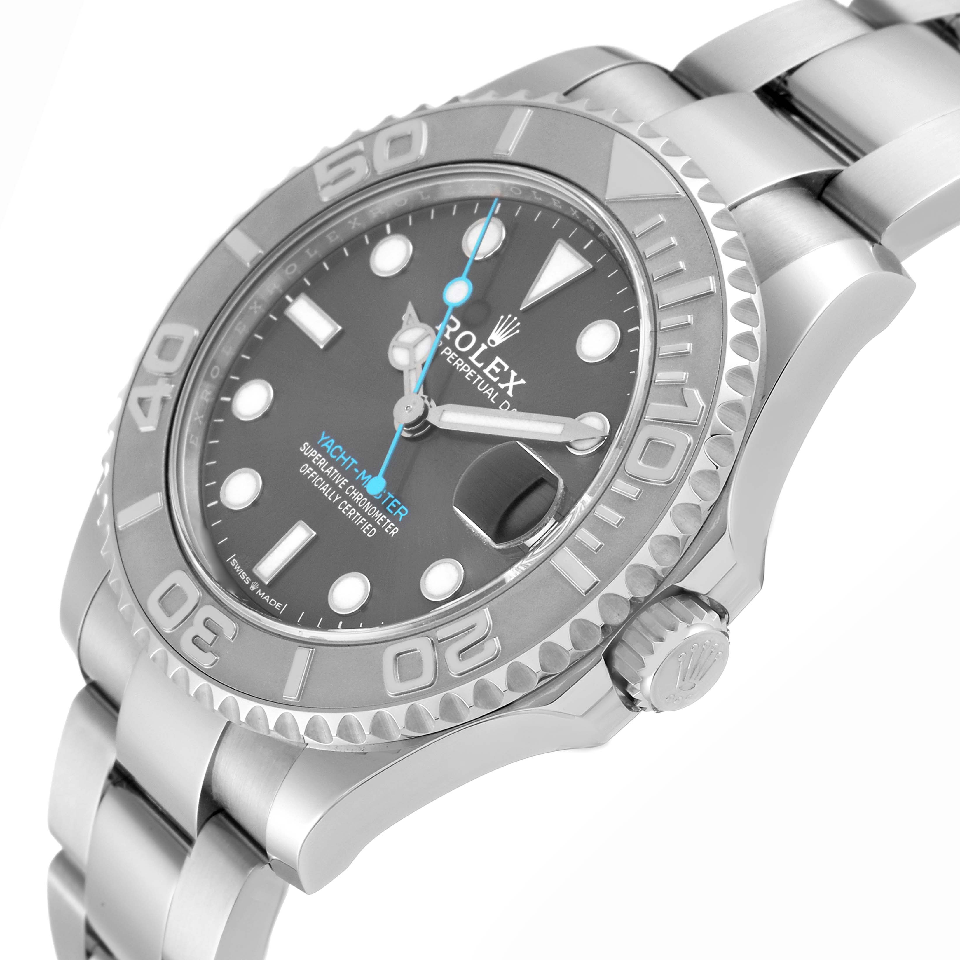 The Rolex Yacht-Master 268622 Men's Stainless Steel Grey Dial 268622 Men's Stainless Steel Grey Dial watch is shown at an angle highlighting its bezel, face, and bracelet, with focus on the dial details.