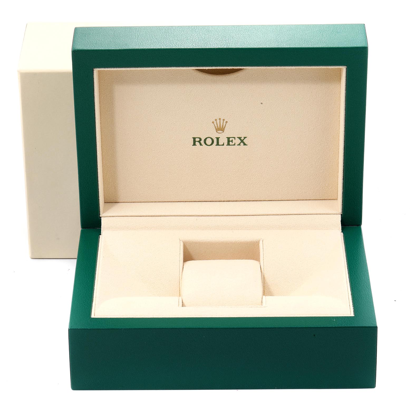 This image shows an open empty box for a Rolex Yacht-Master 16623 Men's Steel and Gold (two tone) White Dial 16623 Men's Steel and Gold (two tone) White Dial watch, displaying the logo and interior padding.
