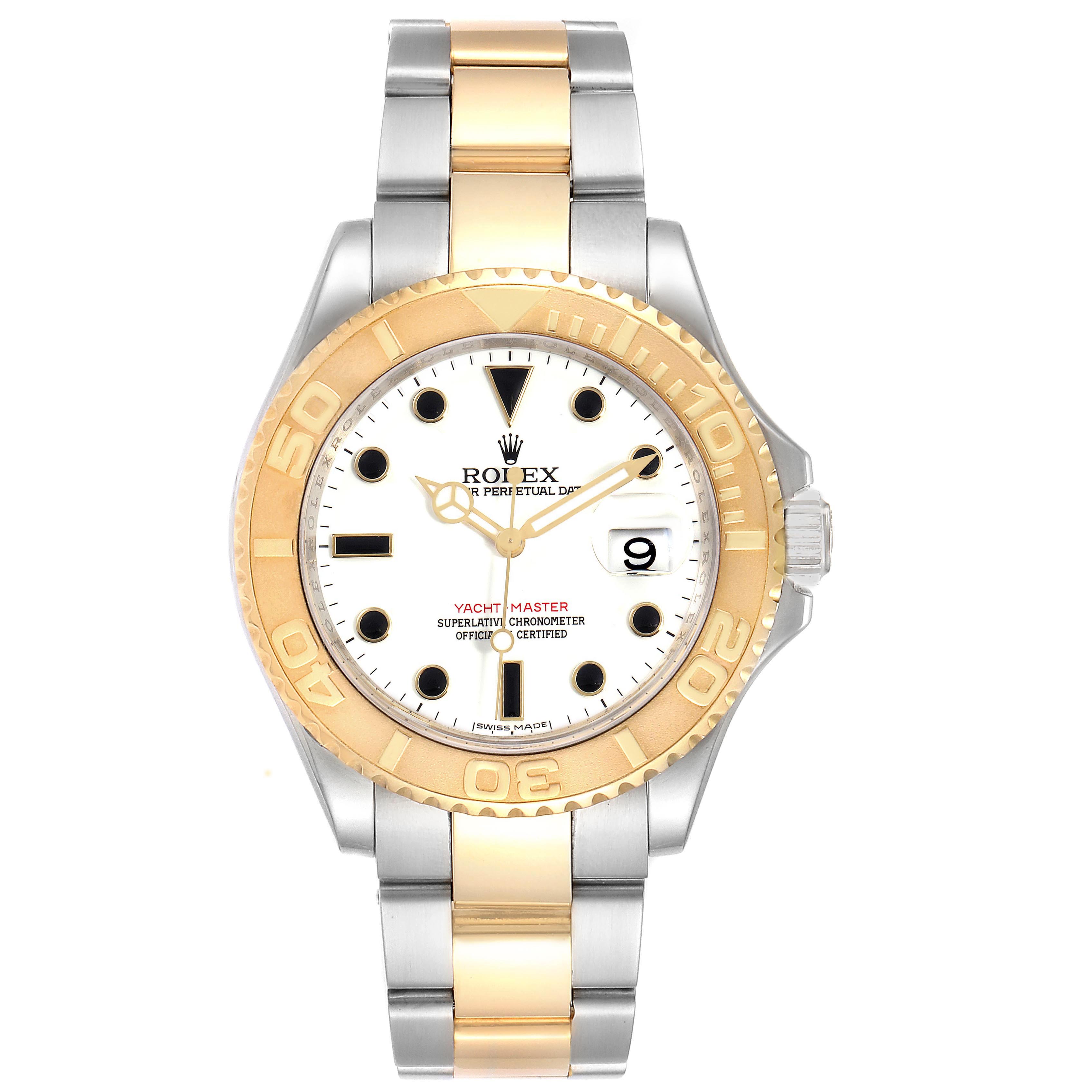 The Rolex Yacht-Master 16623 Men's Steel and Gold (two tone) White Dial 16623 Men's Steel and Gold (two tone) White Dial watch is shown from a front angle, highlighting the dial, bezel, and bracelet.