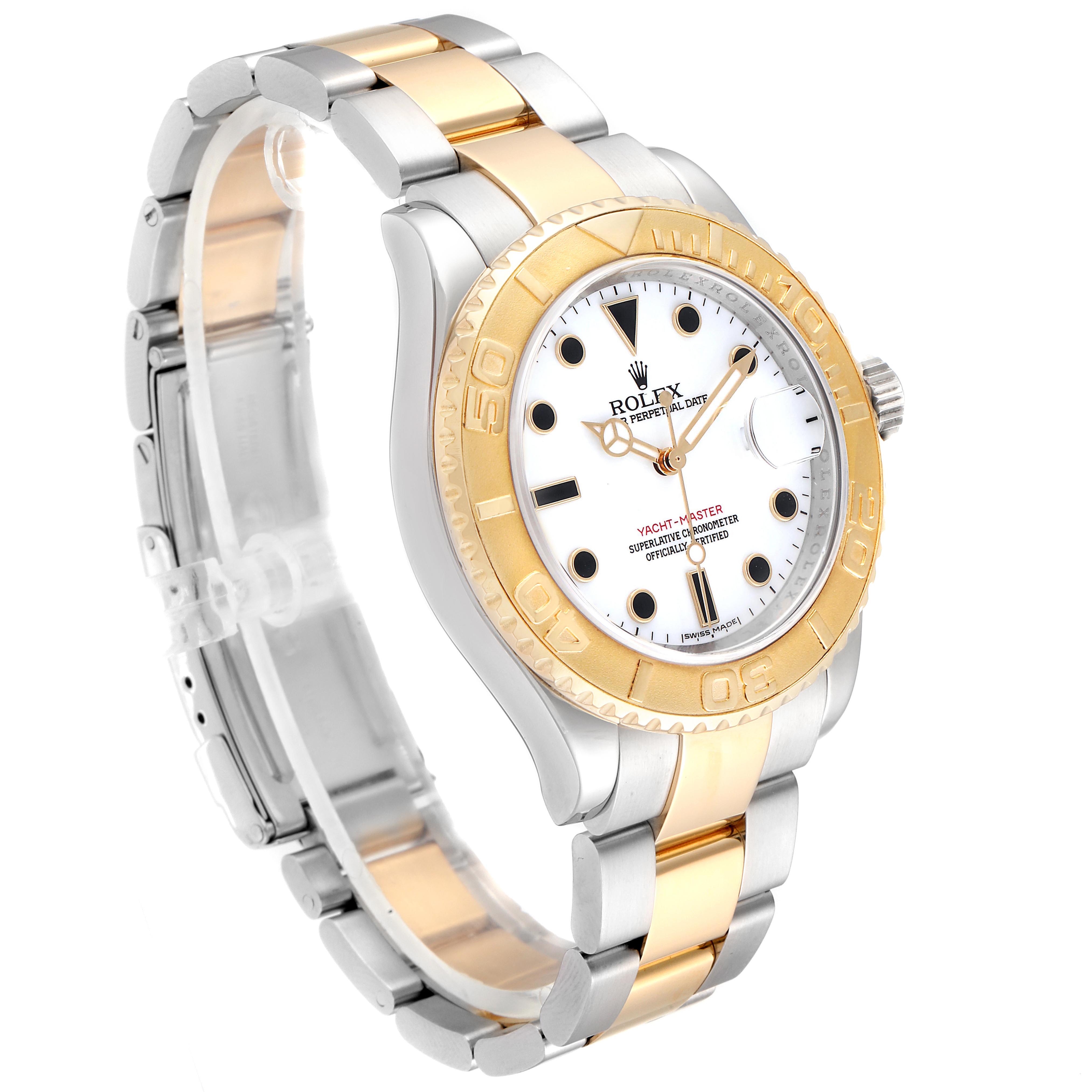 The Rolex Yacht-Master 16623 Men's Steel and Gold (two tone) White Dial 16623 Men's Steel and Gold (two tone) White Dial watch is shown at an angled side view, highlighting the dial, bezel, bracelet, and clasp.