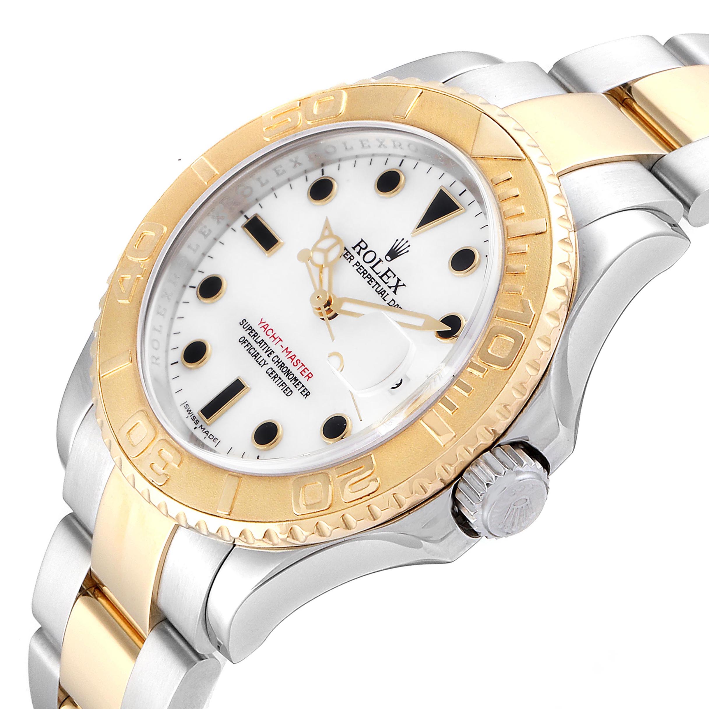 The image shows a close-up angle of a Rolex Yacht-Master 16623 Men's Steel and Gold (two tone) White Dial 16623 Men's Steel and Gold (two tone) White Dial watch, highlighting the face, bezel, crown, and part of the bracelet. 