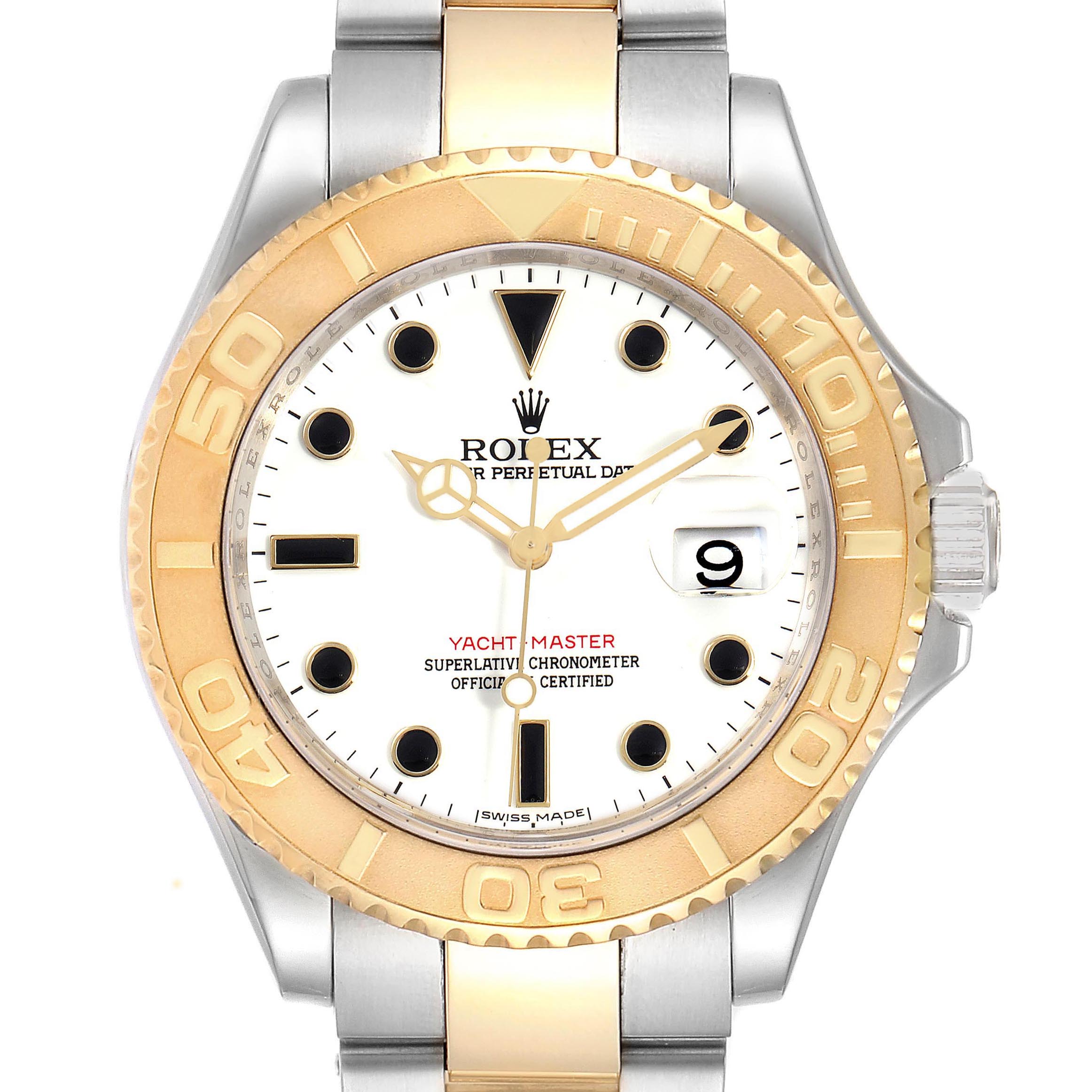 The image shows a front view of a Rolex Yacht-Master 16623 Men's Steel and Gold (two tone) White Dial 16623 Men's Steel and Gold (two tone) White Dial watch, displaying the face, bezel, and part of the bracelet.