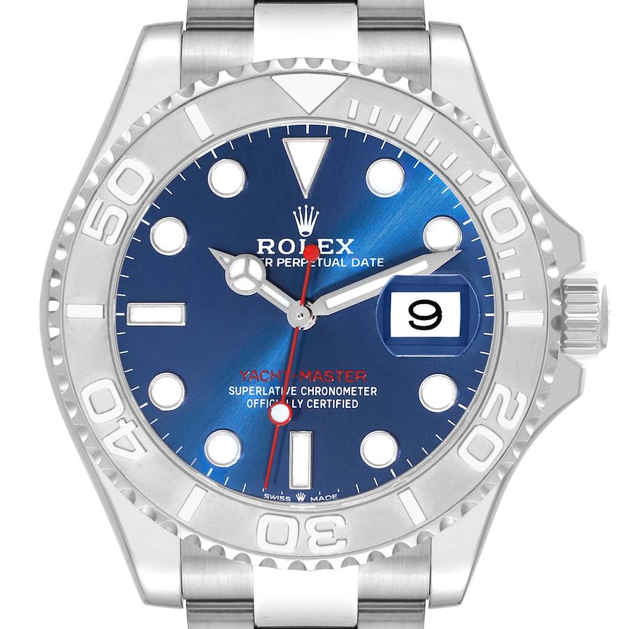 The Rolex Yacht-Master model 126622 is shown from the front, displaying its blue dial, date window at 3 o'clock, and the bezel with raised numerals.
