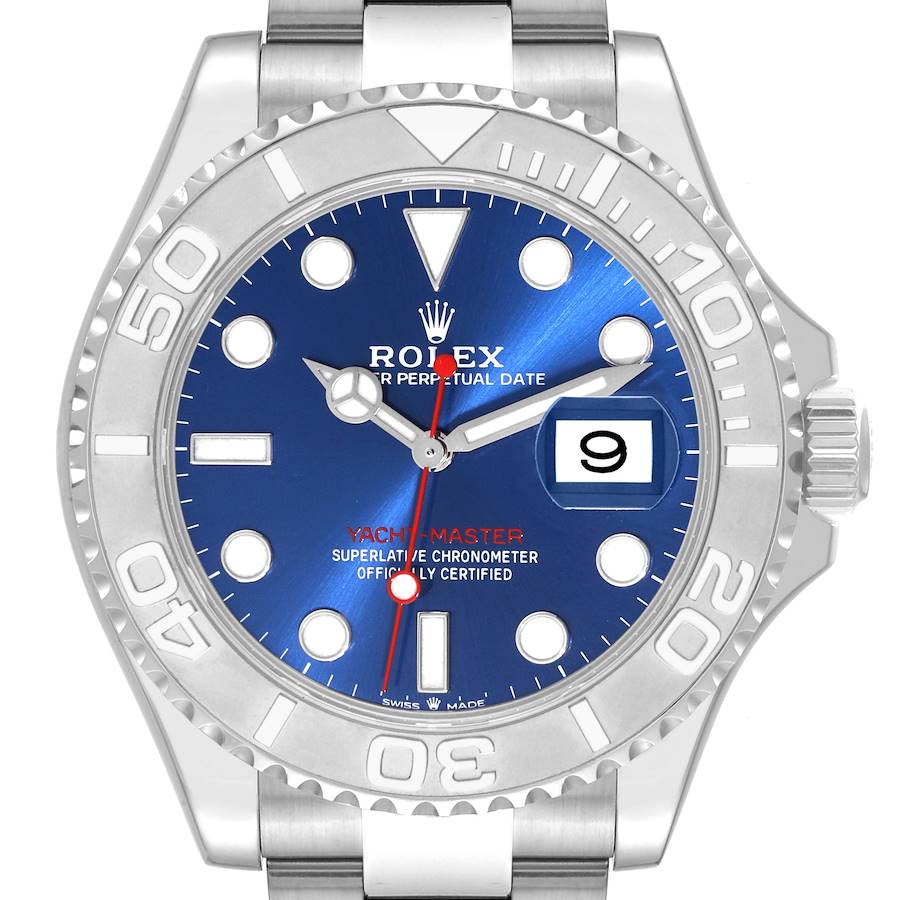 This image shows a front view of the Rolex Yacht-Master watch, highlighting the blue dial, bezel, and part of the bracelet.