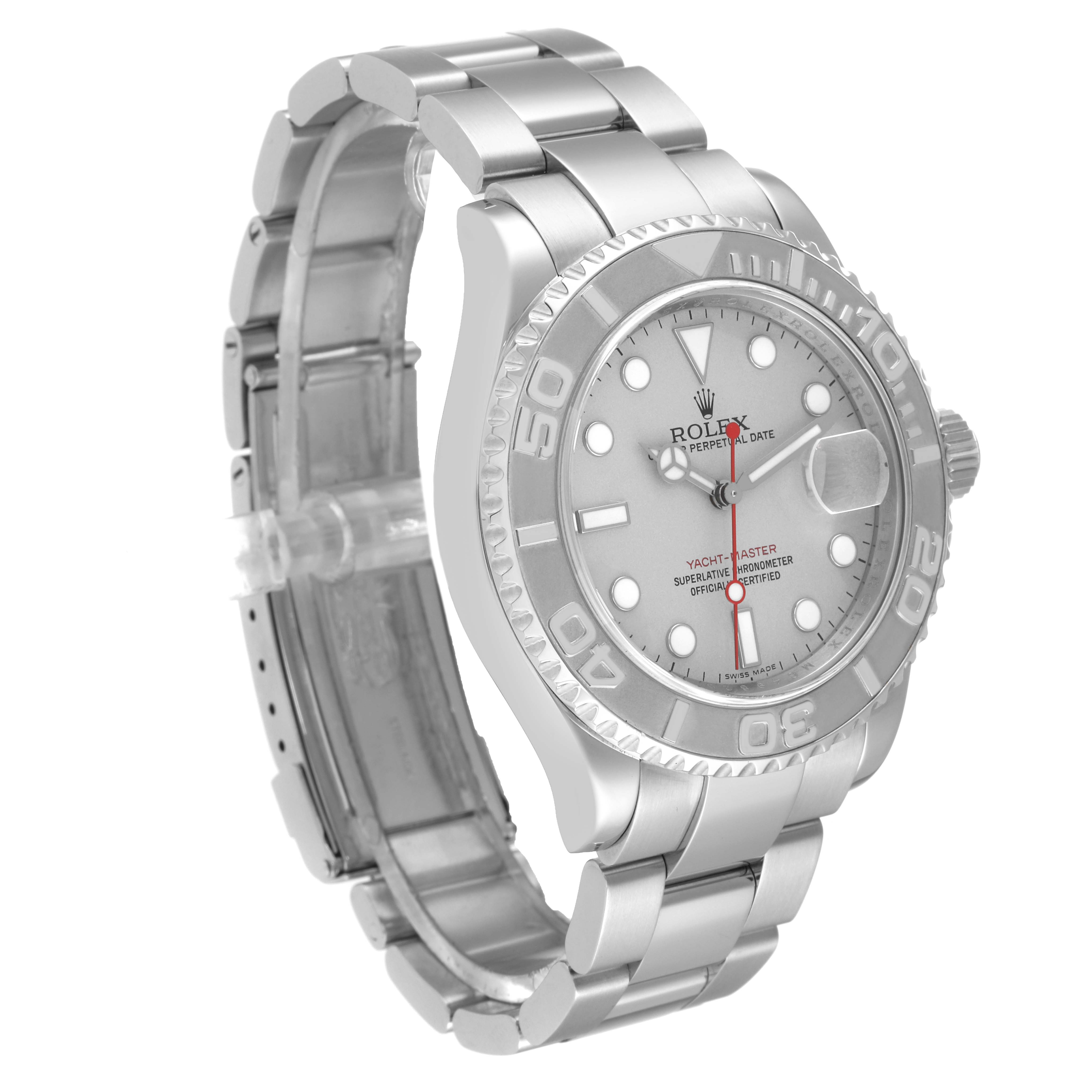 This image shows a side-angle view of a Rolex Yacht-Master 16622 Men's Stainless Steel Silver Dial 16622 Men's Stainless Steel Silver Dial watch, highlighting its case, bezel, bracelet, and dial.