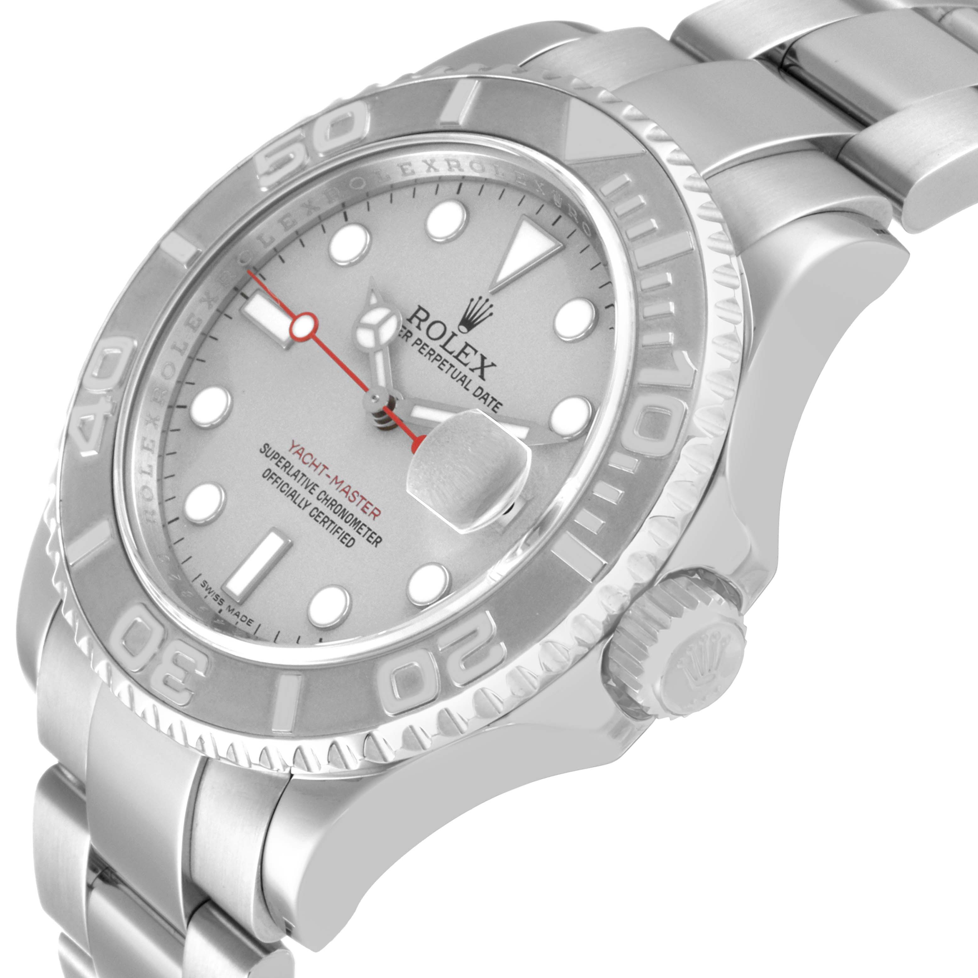 This Rolex Yacht-Master 16622 Men's Stainless Steel Silver Dial 16622 Men's Stainless Steel Silver Dial watch is shown at an angle, displaying the face, bezel, crown, and part of the bracelet.