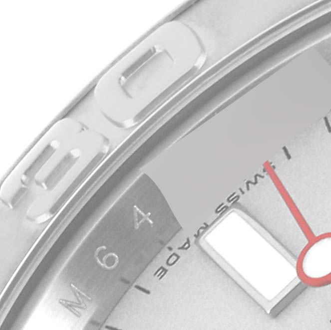 The image shows a close-up of the bezel, dial, and part of the second hand of a Rolex Yacht-Master 16622 Men's Stainless Steel Silver Dial 16622 Men's Stainless Steel Silver Dial watch.