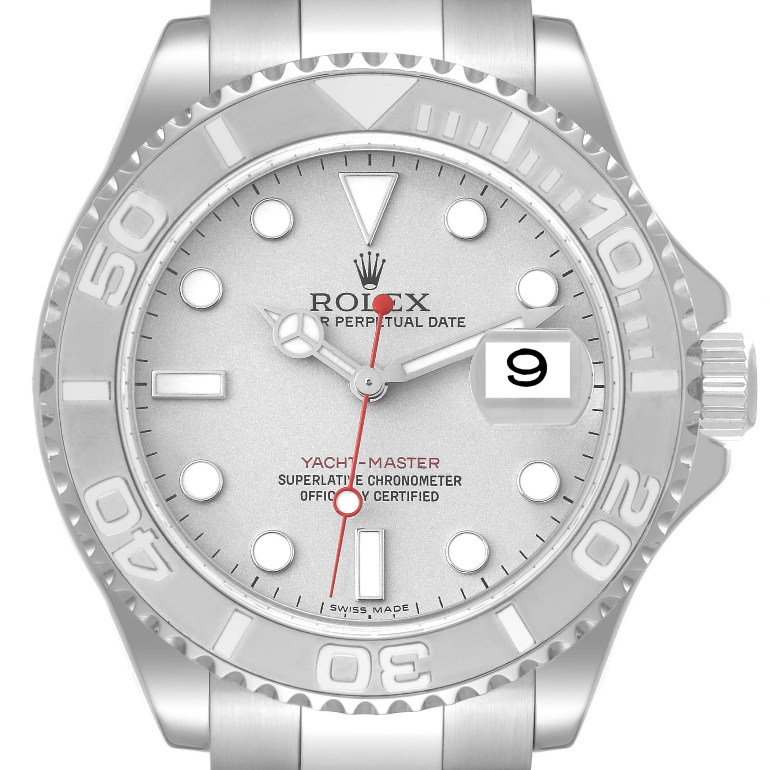 The image shows a Rolex Yacht-Master 16622 Men's Stainless Steel Silver Dial 16622 Men's Stainless Steel Silver Dial watch, viewed from the front, highlighting the dial, bezel, and part of the bracelet.