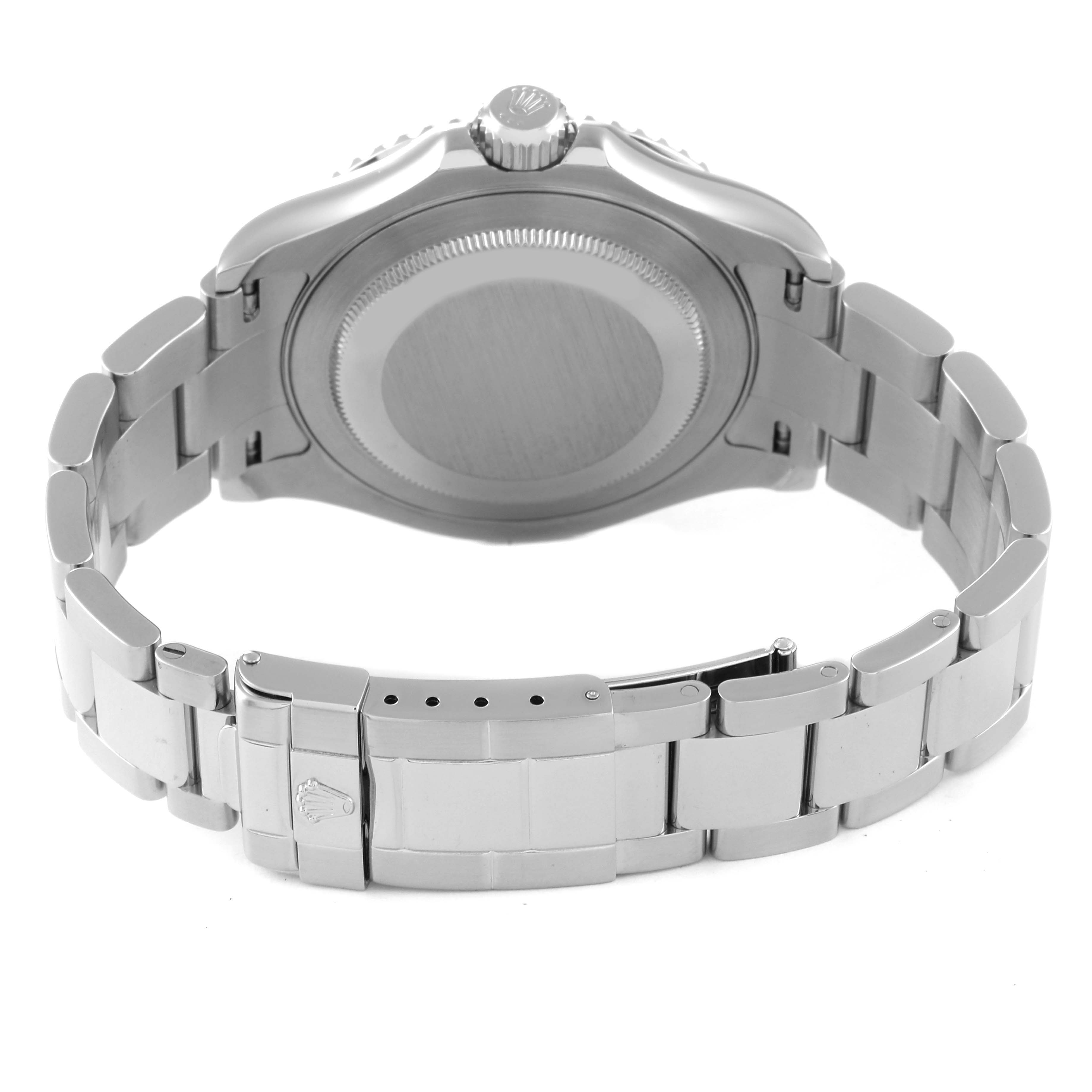 The image shows the back case and bracelet of a Rolex Yacht-Master 16622 Men's Stainless Steel Silver Dial 16622 Men's Stainless Steel Silver Dial watch from a bottom angle.