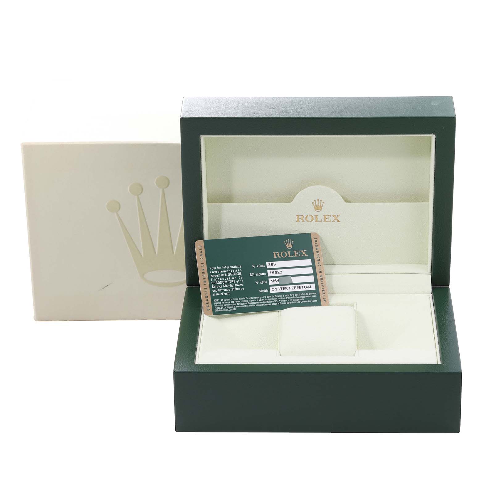 The image shows a Rolex Yacht-Master 16622 Men's Stainless Steel Silver Dial 16622 Men's Stainless Steel Silver Dial watch box, opened, with a warranty card placed inside the box.