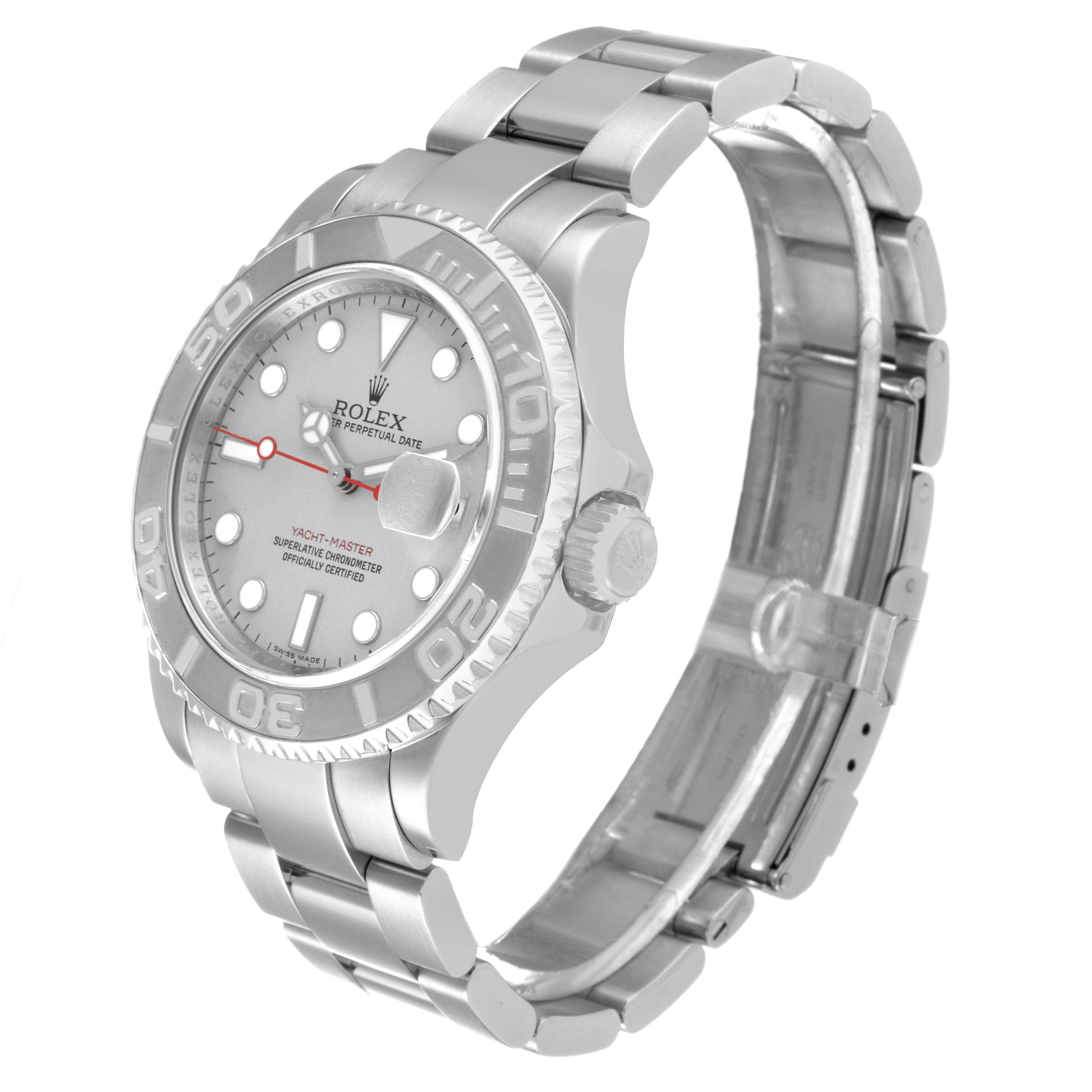 The image shows a Rolex Yacht-Master 16622 Men's Stainless Steel Silver Dial 16622 Men's Stainless Steel Silver Dial watch at a three-quarter angle, highlighting the dial, bezel, and part of the bracelet.