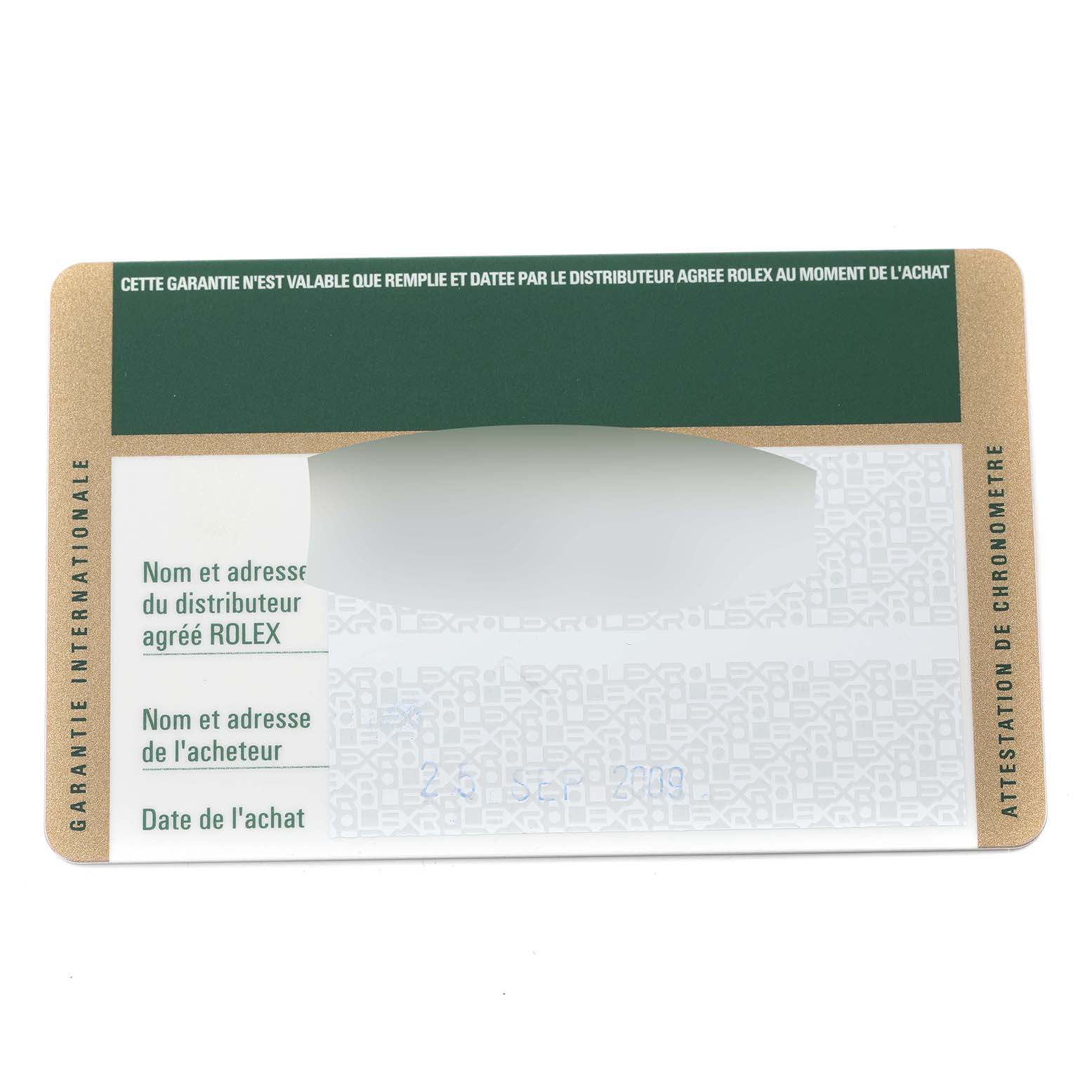 The image shows a Rolex Yacht-Master 16622 Men's Stainless Steel Silver Dial 16622 Men's Stainless Steel Silver Dial warranty card with a green and gold design, detailing dealer and buyer information.