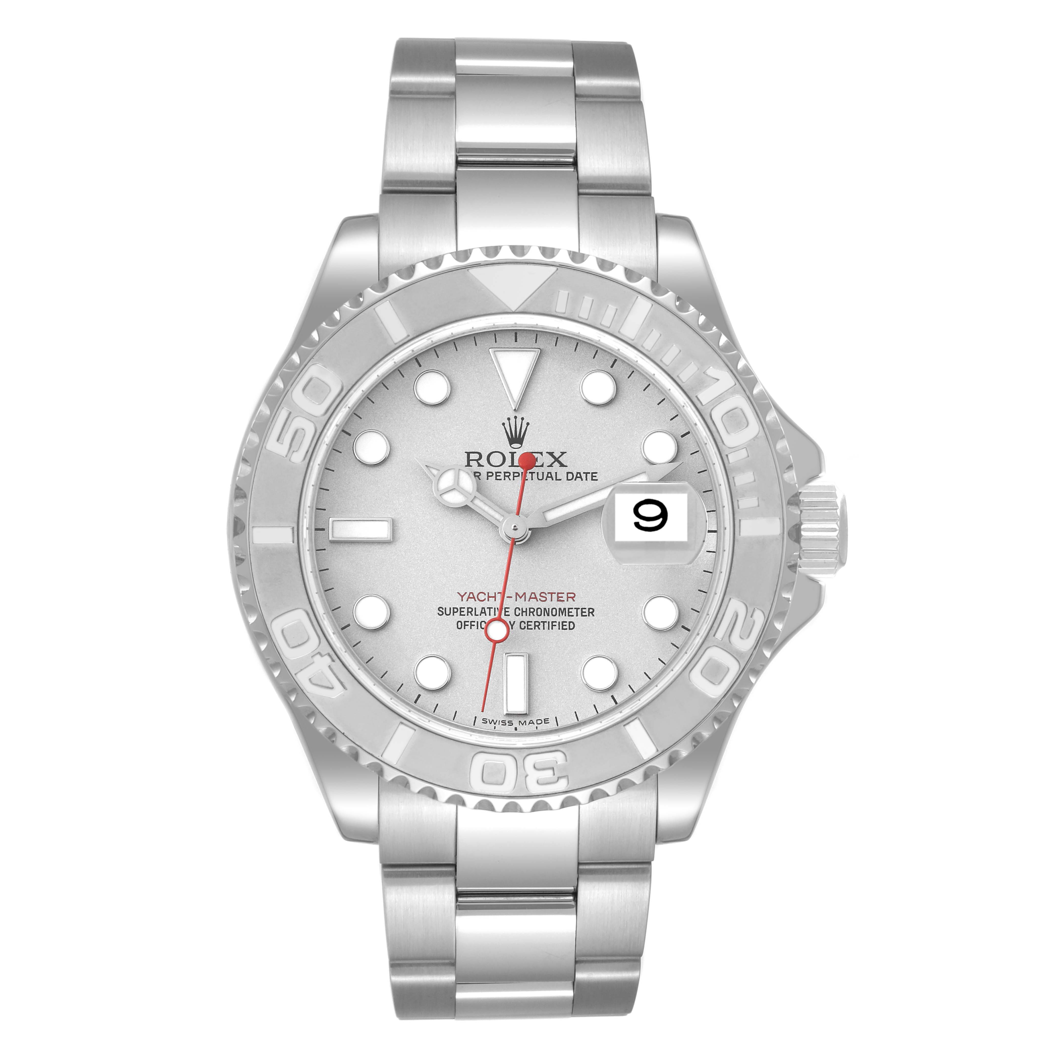 The image shows a frontal view of a Rolex Yacht-Master 16622 Men's Stainless Steel Silver Dial 16622 Men's Stainless Steel Silver Dial watch featuring its dial, bezel, and bracelet.