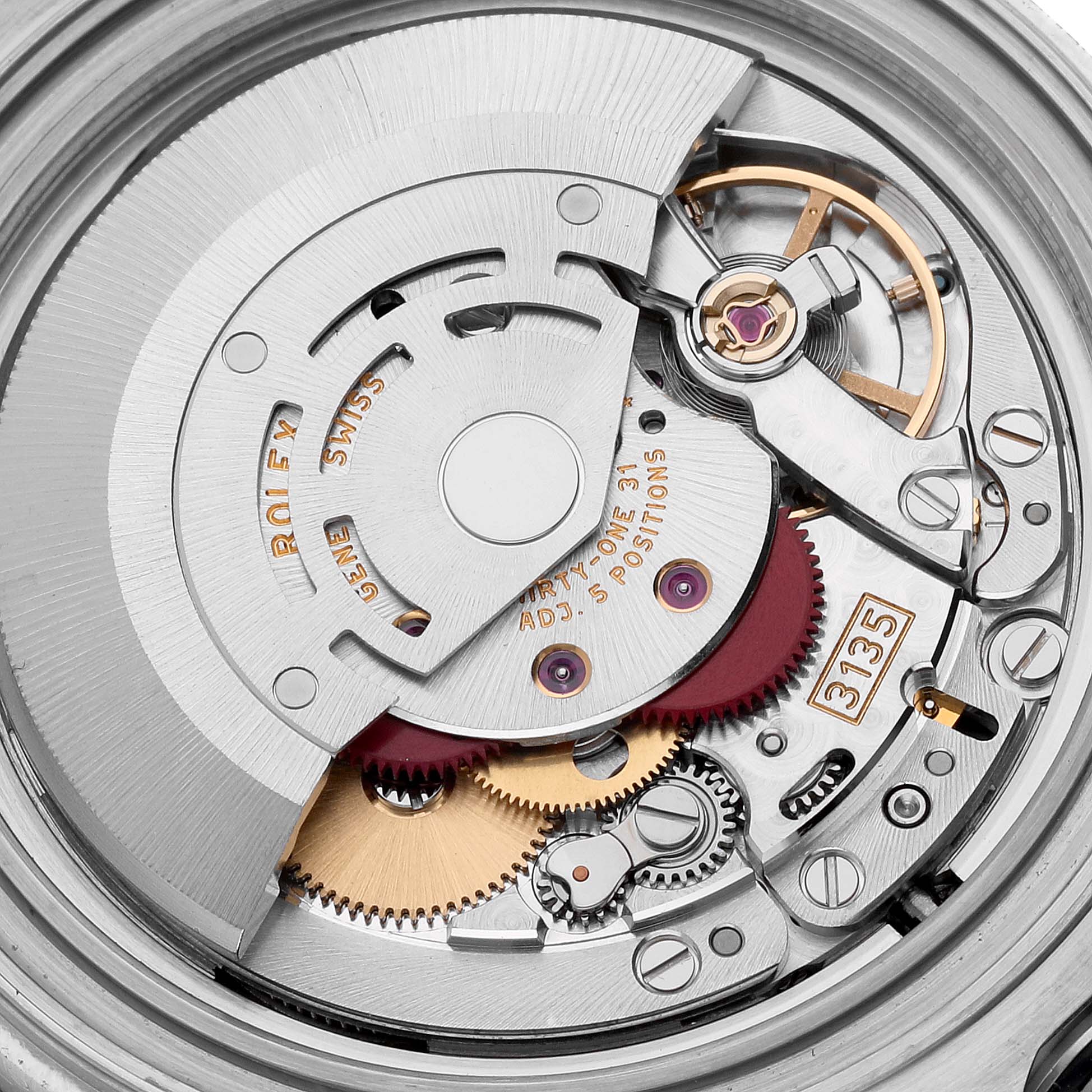 This close-up image shows the movement mechanism of a Rolex Yacht-Master 16622 Men's Stainless Steel Silver Dial 16622 Men's Stainless Steel Silver Dial watch.