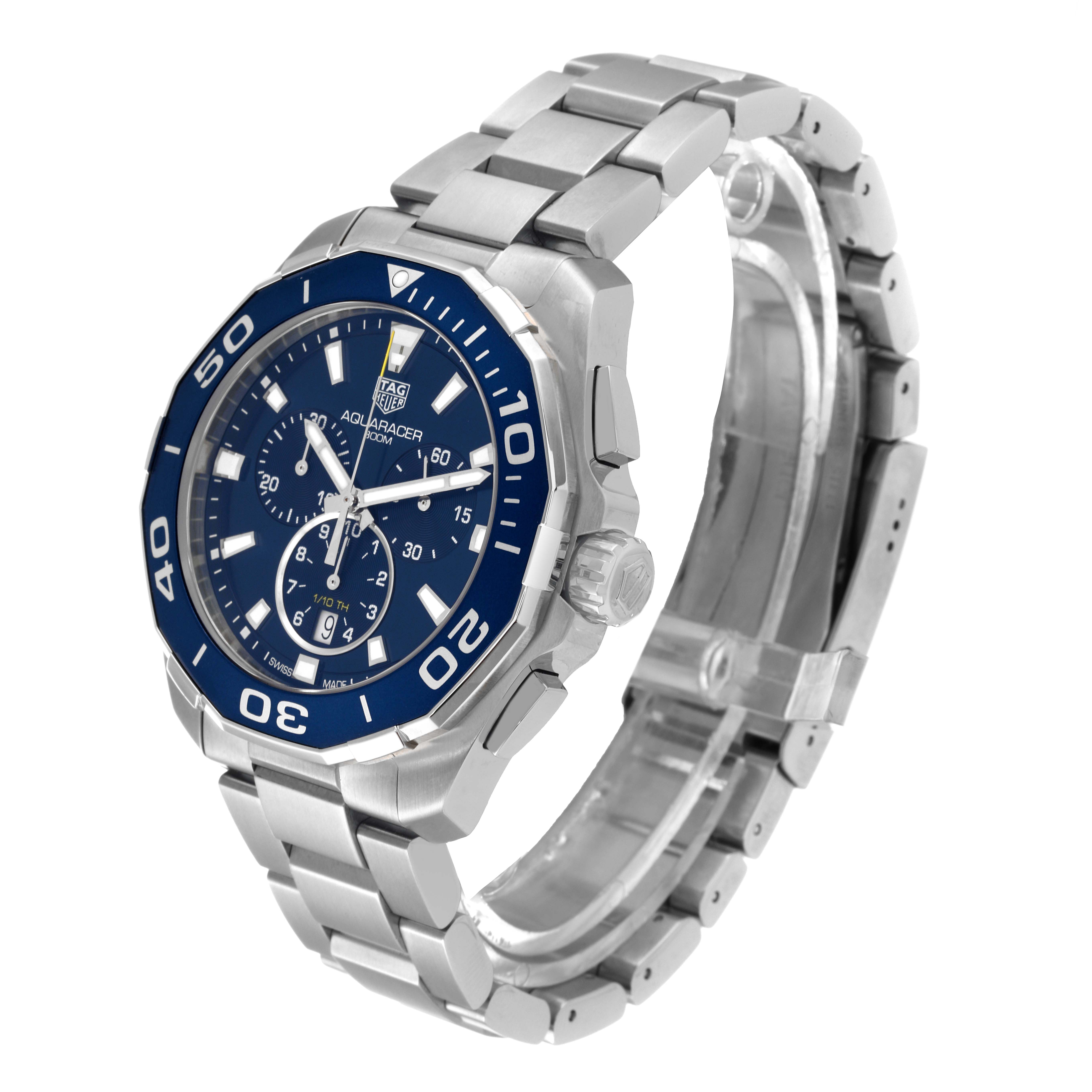 The image shows a Tag Heuer Aquaracer CAY111B.BA0927 Men's Stainless Steel Blue Dial CAY111B.BA0927 Men's Stainless Steel Blue Dial watch at a three-quarter angle, highlighting the face, bezel, and metal bracelet.