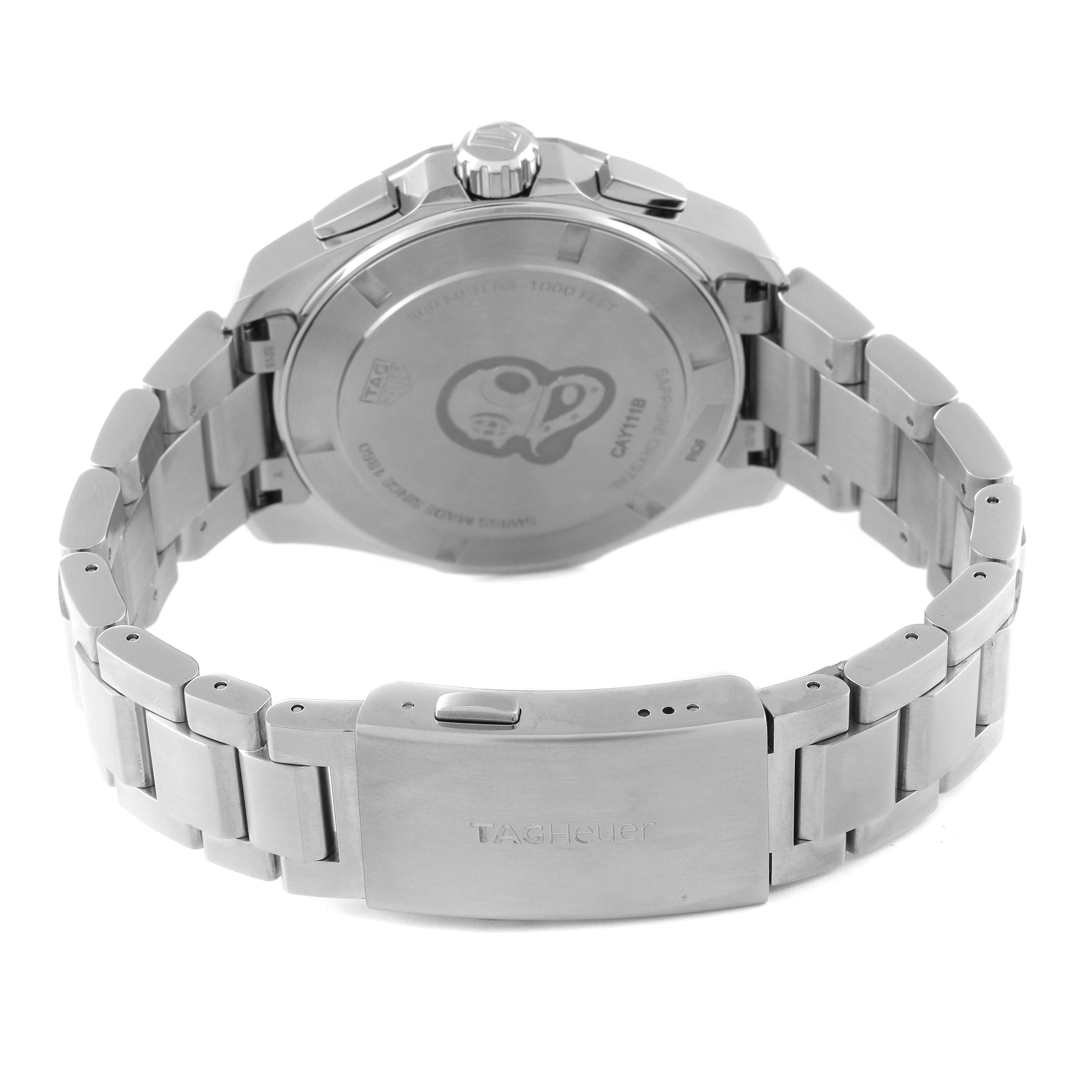 The image shows the back and stainless steel bracelet of a Tag Heuer Aquaracer CAY111B.BA0927 Men's Stainless Steel Blue Dial CAY111B.BA0927 Men's Stainless Steel Blue Dial watch.