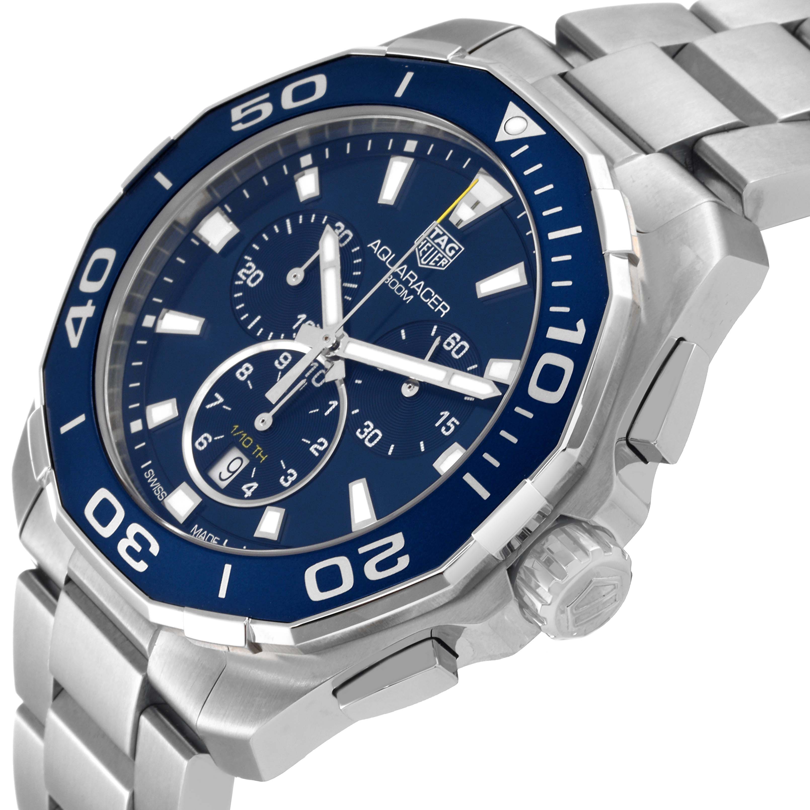 The image shows a close-up angle of the Tag Heuer Aquaracer CAY111B.BA0927 Men's Stainless Steel Blue Dial CAY111B.BA0927 Men's Stainless Steel Blue Dial watch face, bezel, crown, and part of the metal bracelet.