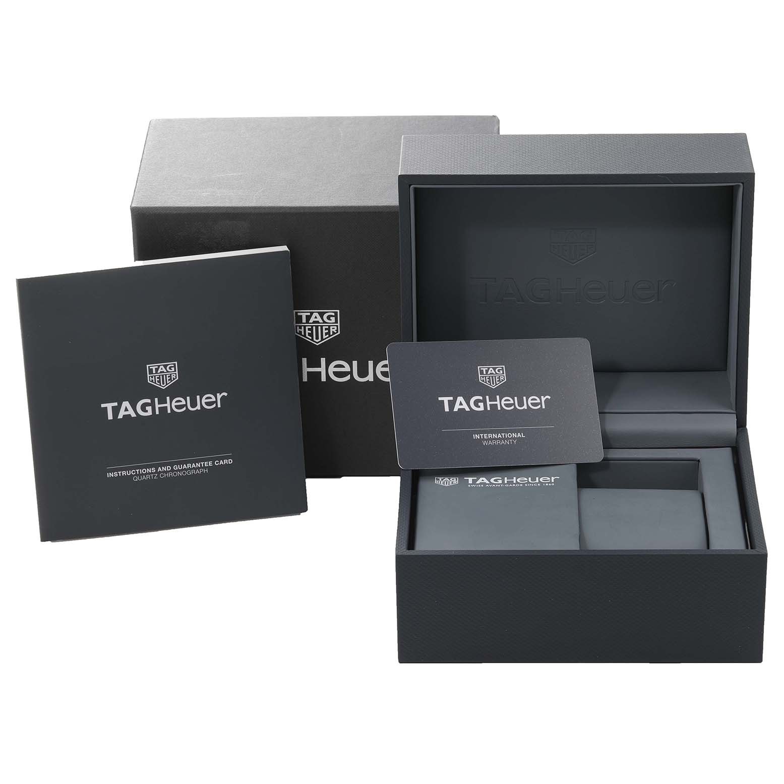 The image shows the packaging, guarantee card, instructions, and an open box for the Tag Heuer Aquaracer CAY111B.BA0927 Men's Stainless Steel Blue Dial CAY111B.BA0927 Men's Stainless Steel Blue Dial watch.