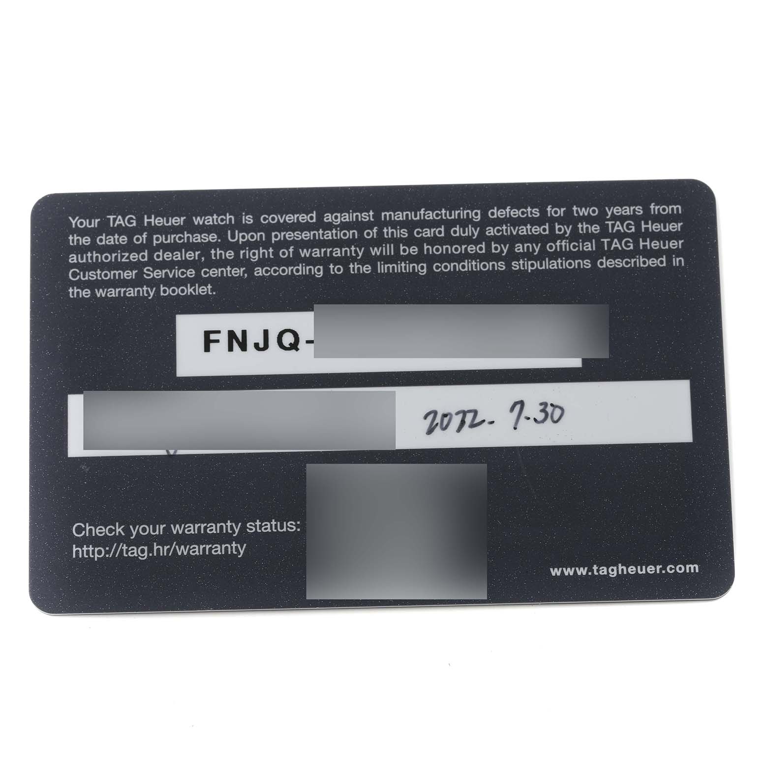 This image shows the warranty card for a Tag Heuer Aquaracer CAY111B.BA0927 Men's Stainless Steel Blue Dial CAY111B.BA0927 Men's Stainless Steel Blue Dial watch.