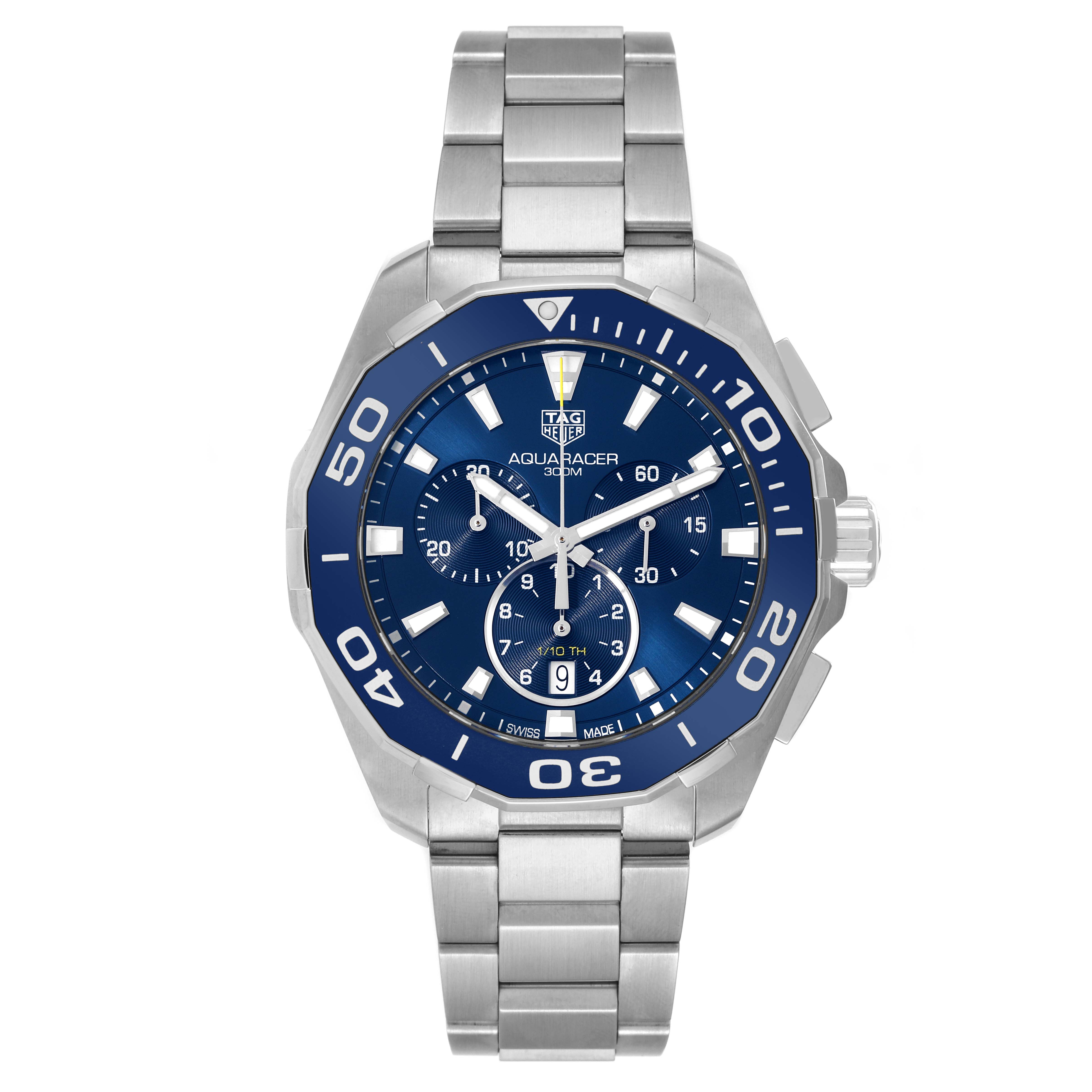 The image shows a front view of the Tag Heuer Aquaracer CAY111B.BA0927 Men's Stainless Steel Blue Dial CAY111B.BA0927 Men's Stainless Steel Blue Dial watch, displaying the dial, bezel, and stainless steel bracelet.
