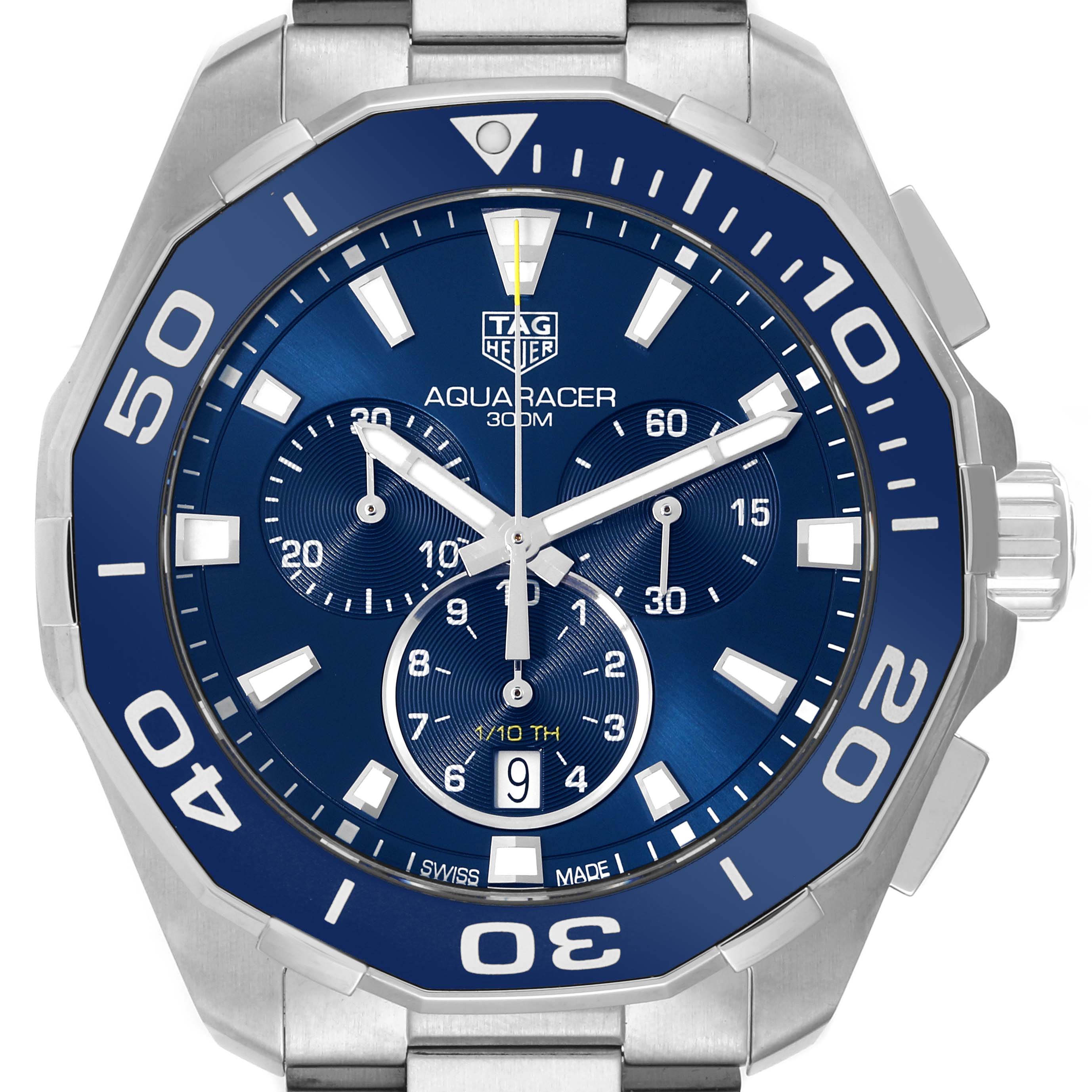 This image shows a front view of the Tag Heuer Aquaracer CAY111B.BA0927 Men's Stainless Steel Blue Dial CAY111B.BA0927 Men's Stainless Steel Blue Dial watch, displaying its blue dial, bezel, and chronograph sub-dials.