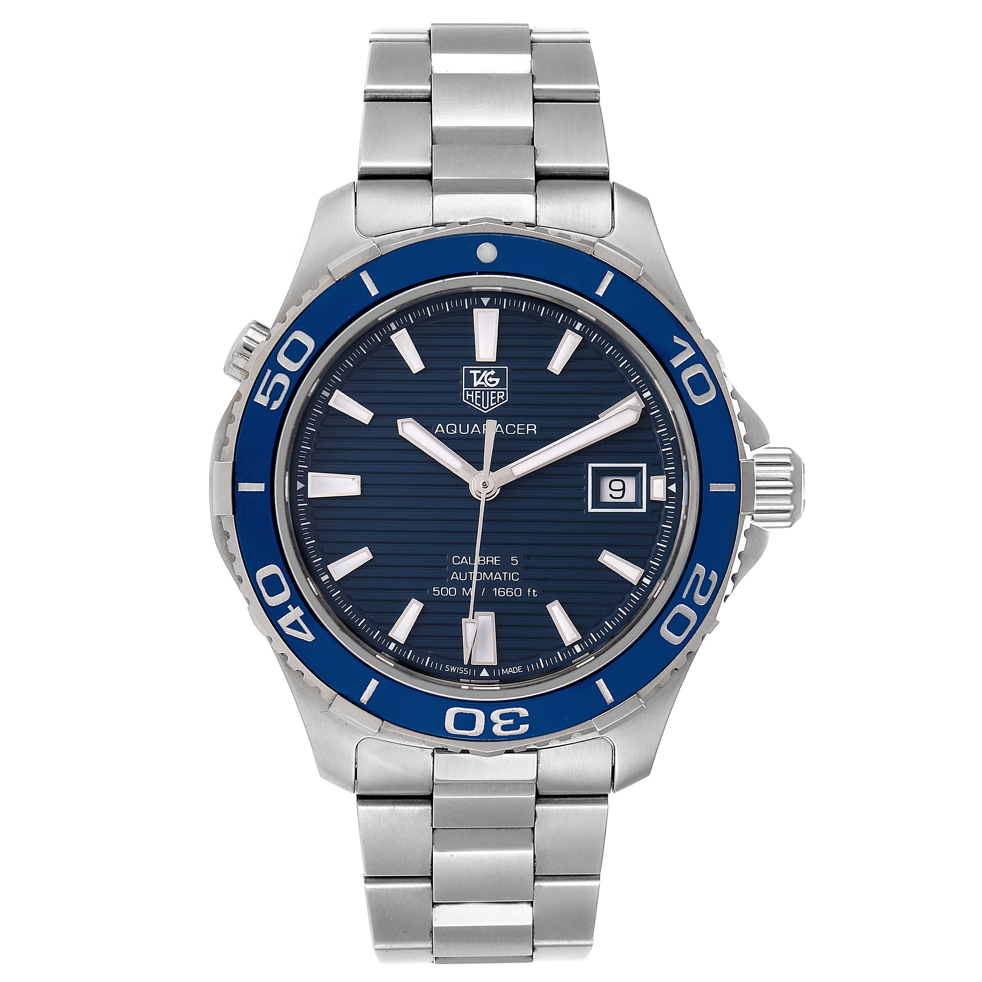 The image shows a front view of a Tag Heuer Aquaracer WAK2111.BA0830 Men's Stainless Steel Blue Dial WAK2111.BA0830 Men's Stainless Steel Blue Dial watch with a blue dial and silver bracelet.