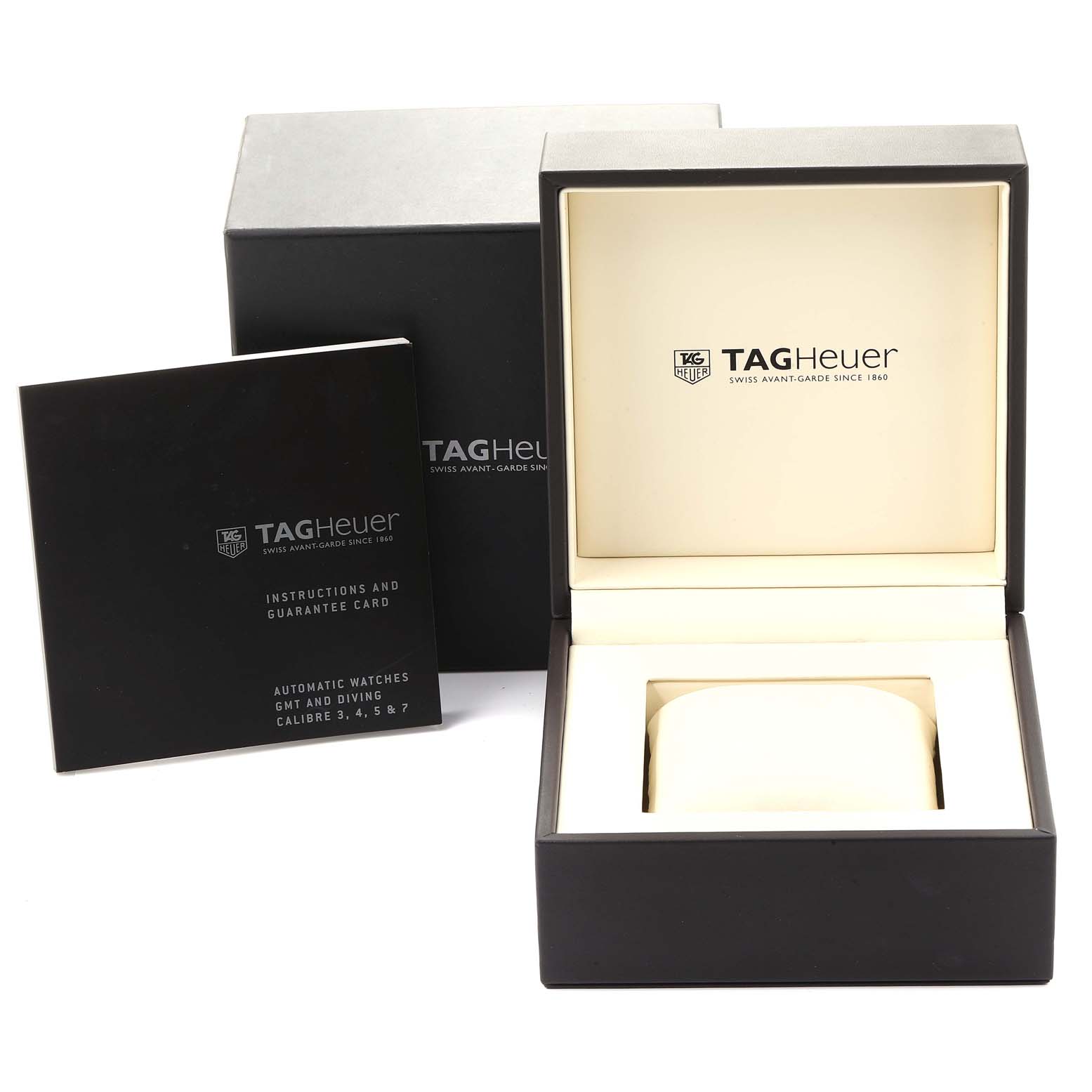 The image shows the box, instruction manual, and guarantee card for the Tag Heuer Aquaracer WAK2111.BA0830 Men's Stainless Steel Blue Dial WAK2111.BA0830 Men's Stainless Steel Blue Dial watch, with the box partially open.