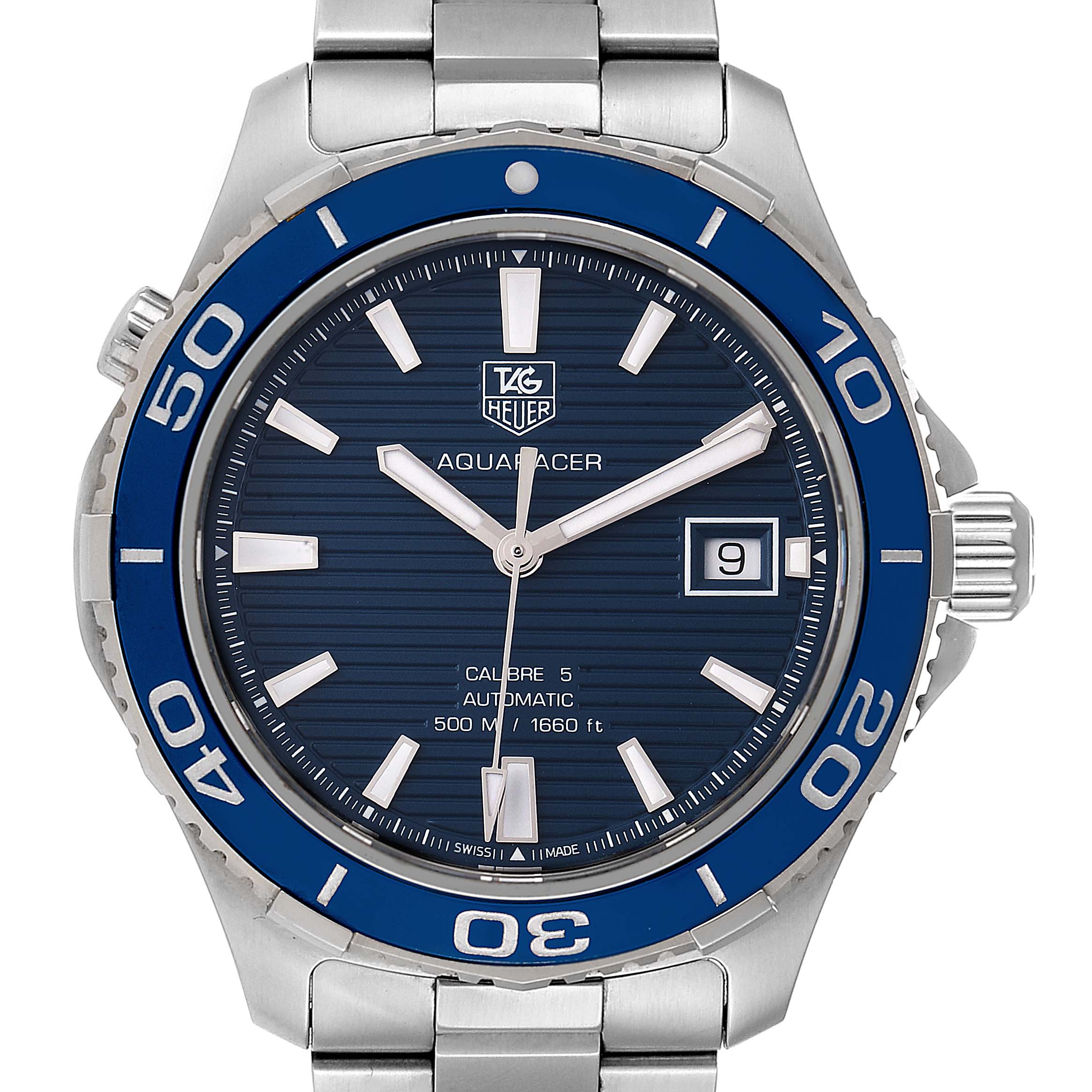 The image shows a front view of the Tag Heuer Aquaracer WAK2111.BA0830 Men's Stainless Steel Blue Dial WAK2111.BA0830 Men's Stainless Steel Blue Dial watch, highlighting its blue bezel, dial, and date window.