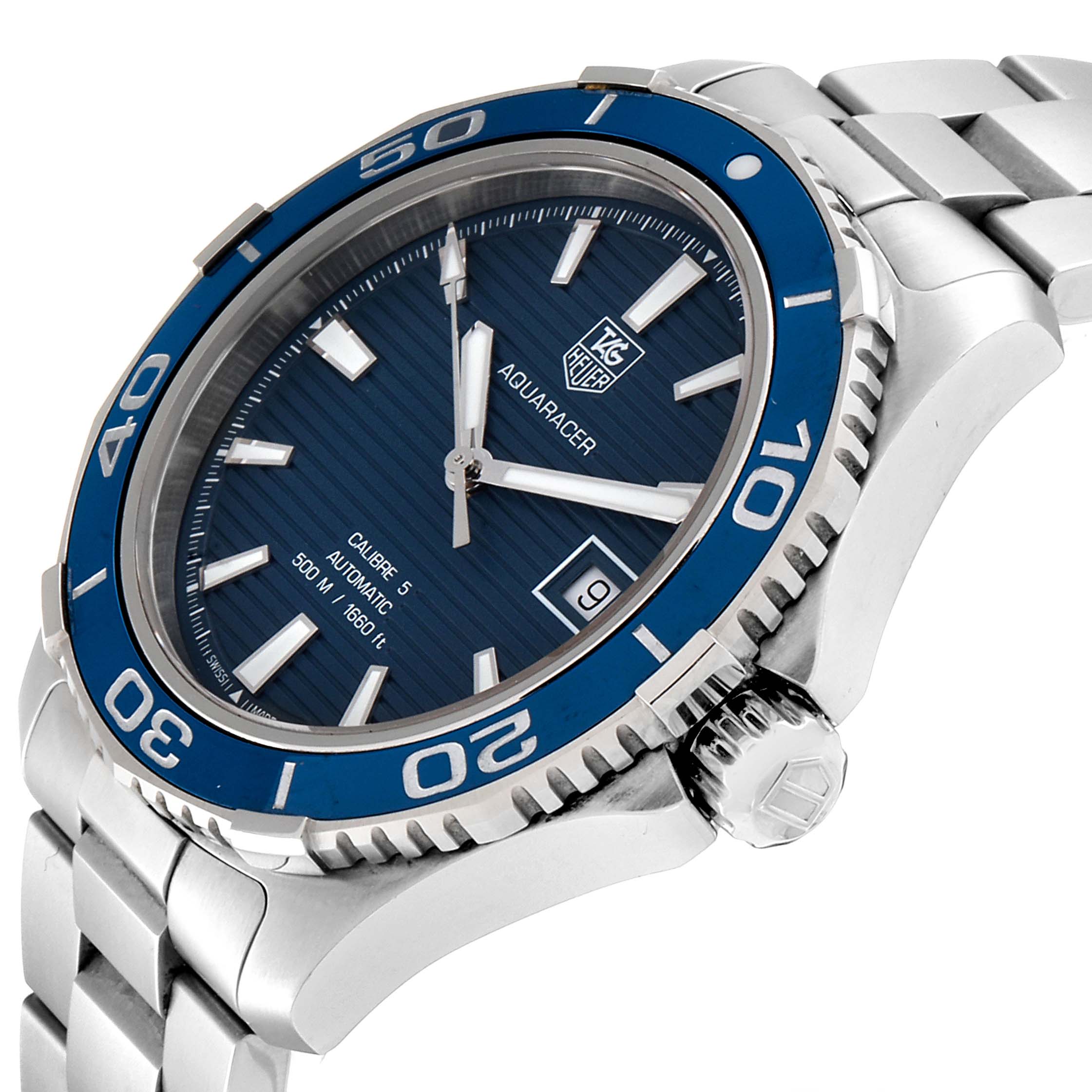 This image shows a close-up of the Tag Heuer Aquaracer WAK2111.BA0830 Men's Stainless Steel Blue Dial WAK2111.BA0830 Men's Stainless Steel Blue Dial watch, highlighting the dial, bezel, crown, and part of the bracelet from a side angle.