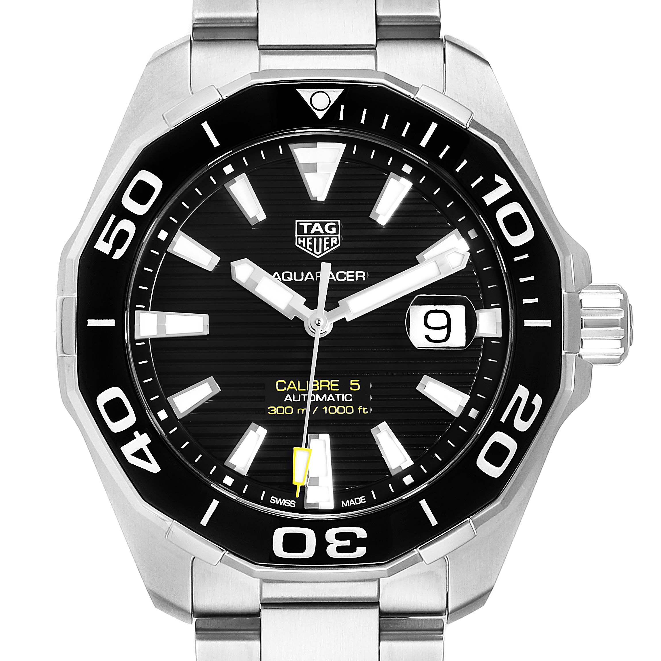 The image shows a front view of the Tag Heuer Aquaracer WAY201A.BA0927 Men
s Stainless Steel Black Dial WAY201A.BA0927 Men
s Stainless Steel Black Dial watch, highlighting the dial, bezel, and bracelet.