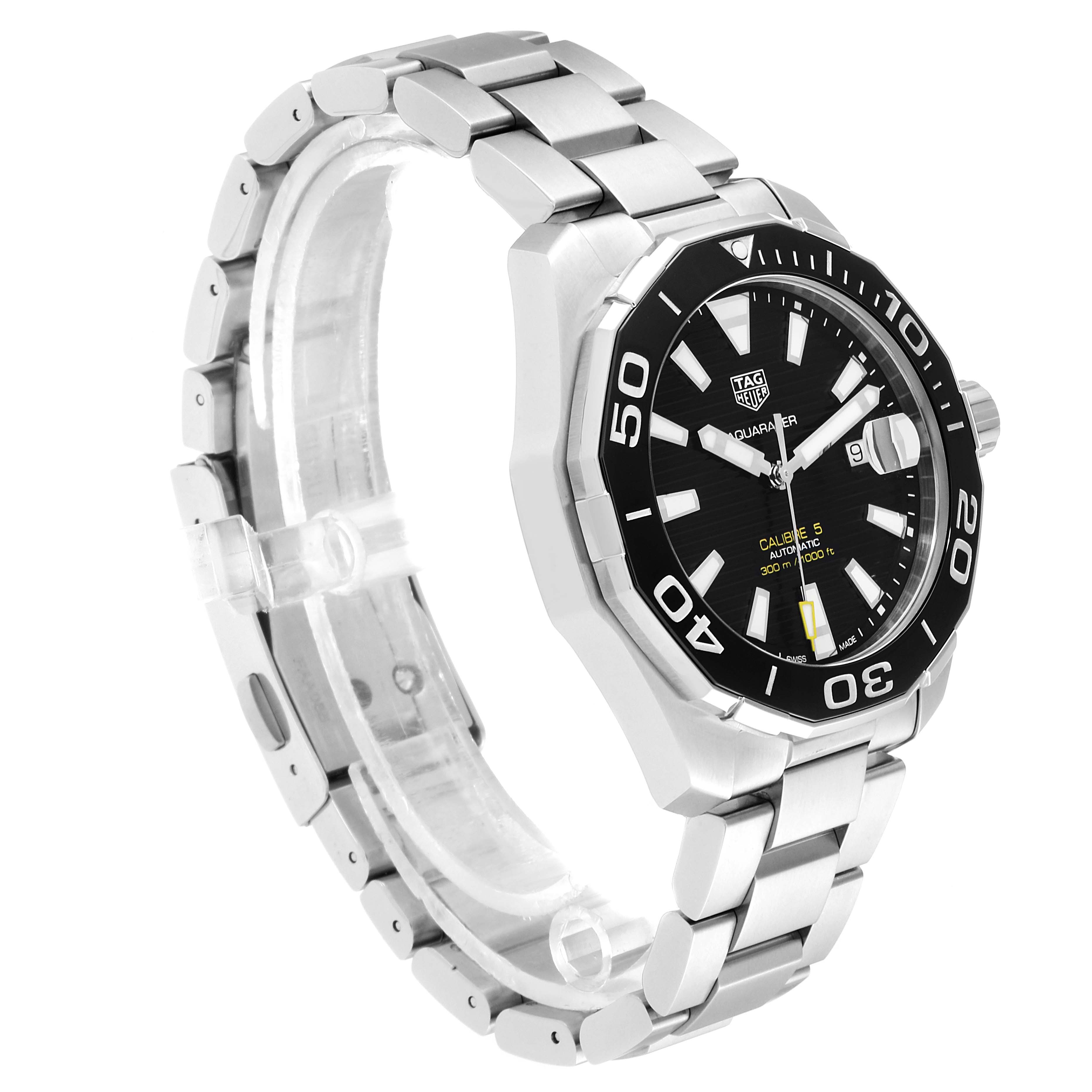 This image shows a Tag Heuer Aquaracer WAY201A.BA0927 Men
s Stainless Steel Black Dial WAY201A.BA0927 Men
s Stainless Steel Black Dial watch from a 3/4 angle, highlighting its stainless steel bracelet and black bezel and dial.