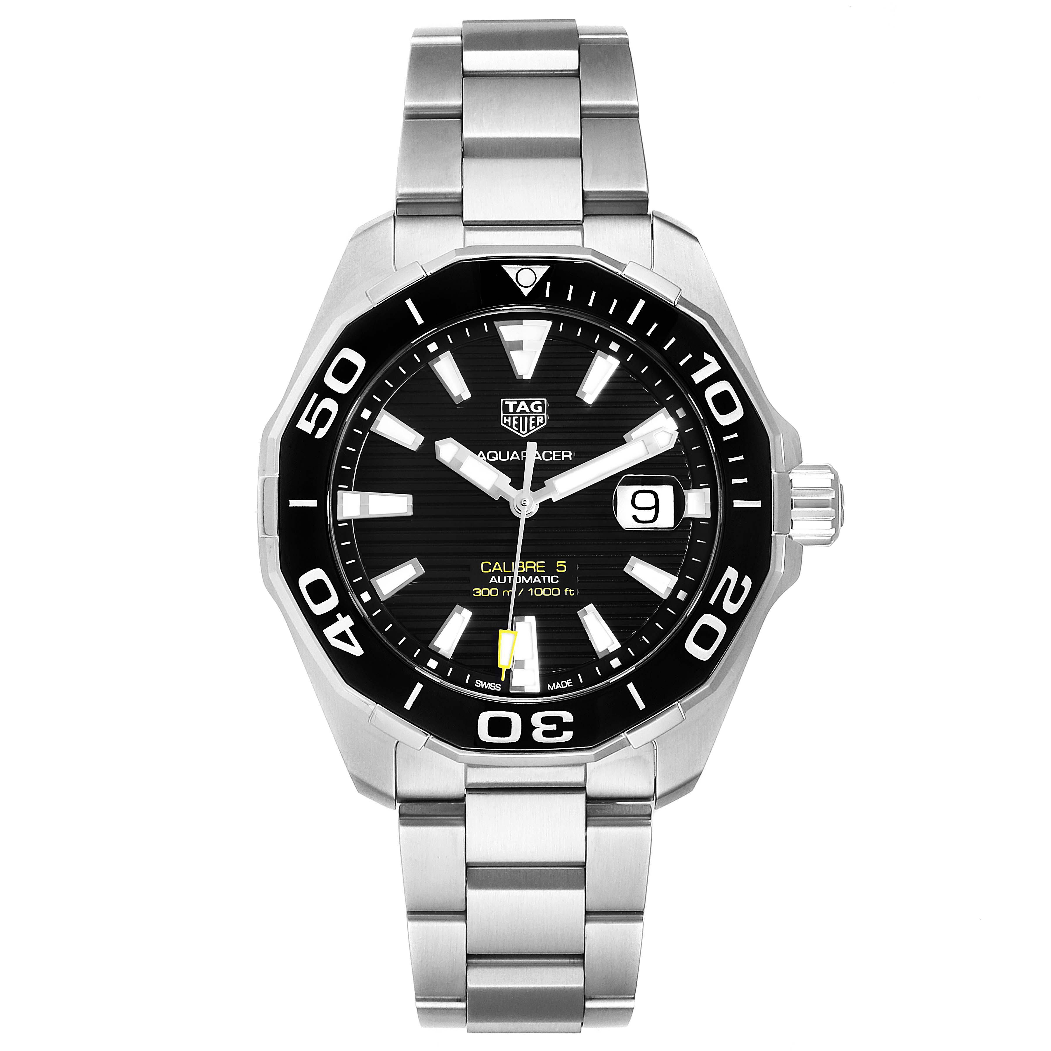 The Tag Heuer Aquaracer WAY201A.BA0927 Men
s Stainless Steel Black Dial WAY201A.BA0927 Men
s Stainless Steel Black Dial watch is shown from the front, displaying its dial, bezel, and bracelet.