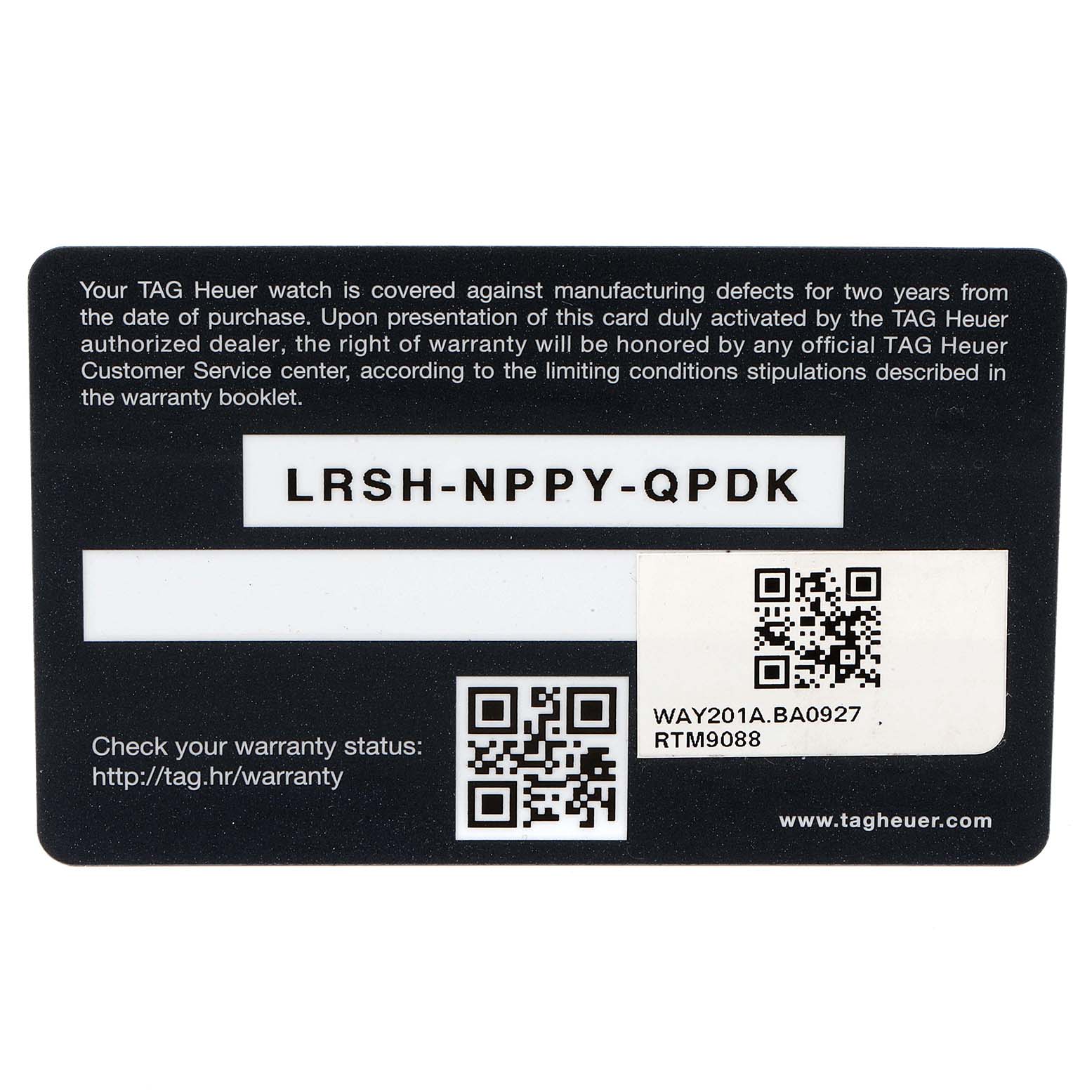 The image shows the warranty card for a Tag Heuer Aquaracer WAY201A.BA0927 Men
s Stainless Steel Black Dial WAY201A.BA0927 Men
s Stainless Steel Black Dial watch, including warranty information, QR codes, and a serial code.