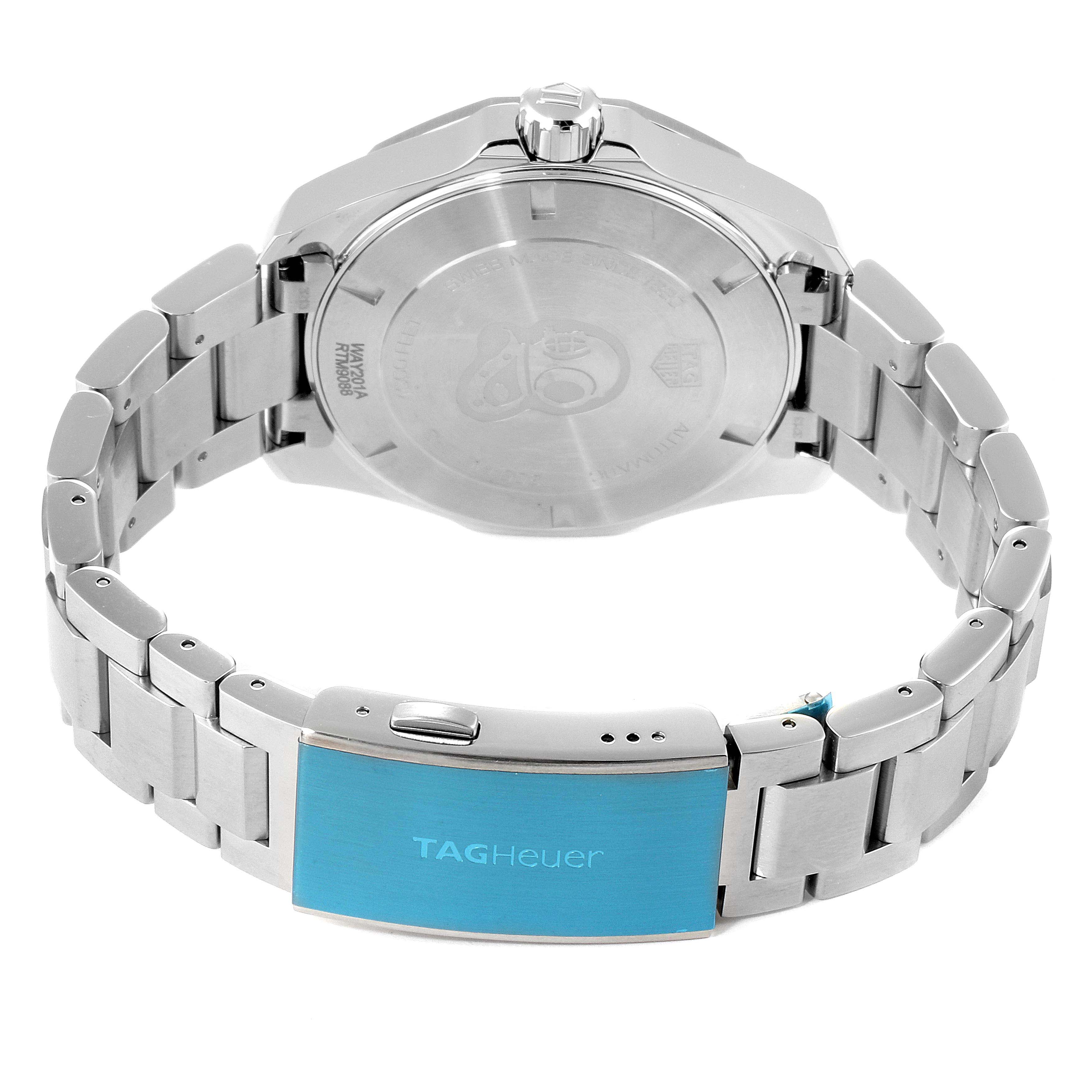 The image shows the back view of a Tag Heuer Aquaracer WAY201A.BA0927 Men
s Stainless Steel Black Dial WAY201A.BA0927 Men
s Stainless Steel Black Dial watch, highlighting the caseback and metal bracelet with a clasp.