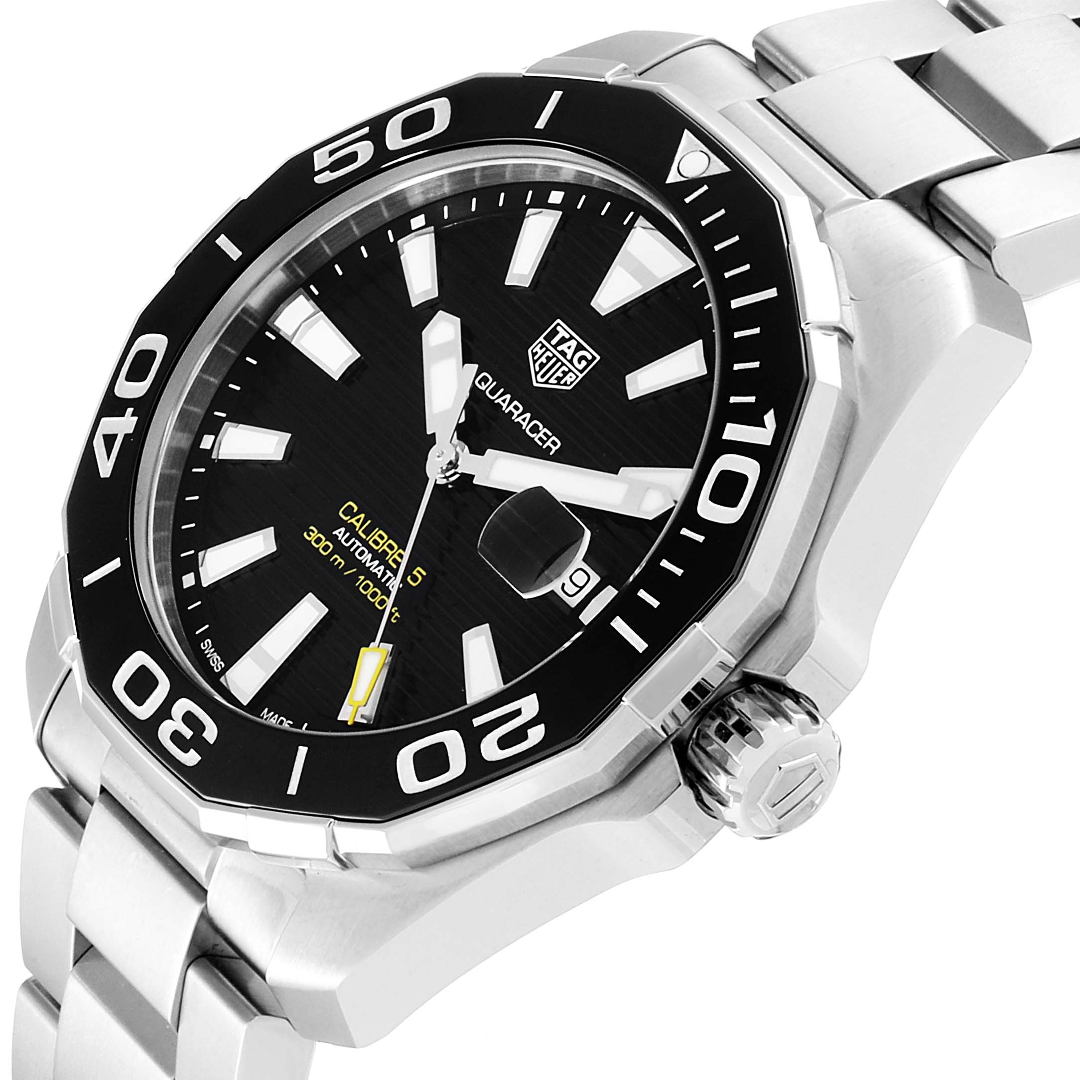 The Tag Heuer Aquaracer WAY201A.BA0927 Men
s Stainless Steel Black Dial WAY201A.BA0927 Men
s Stainless Steel Black Dial watch is shown at a slight angle, highlighting its face, crown, bezel, bracelet, and indicators.