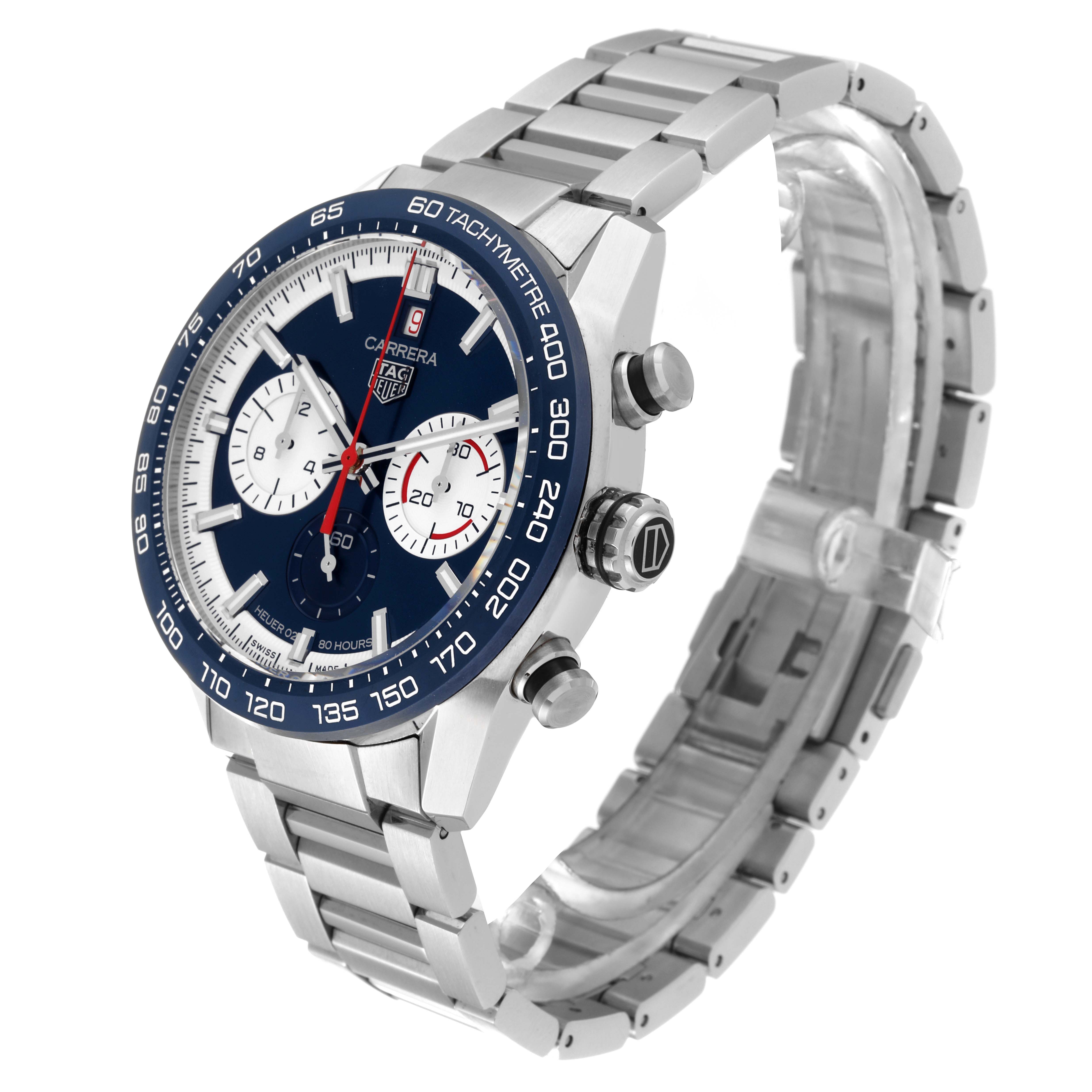 The image shows a Tag Heuer Carrera CBN2A1E.BA0643 Men's Stainless Steel Blue Dial CBN2A1E.BA0643 Men's Stainless Steel Blue Dial model watch angled to display the face, bezel, crown, and bracelet.