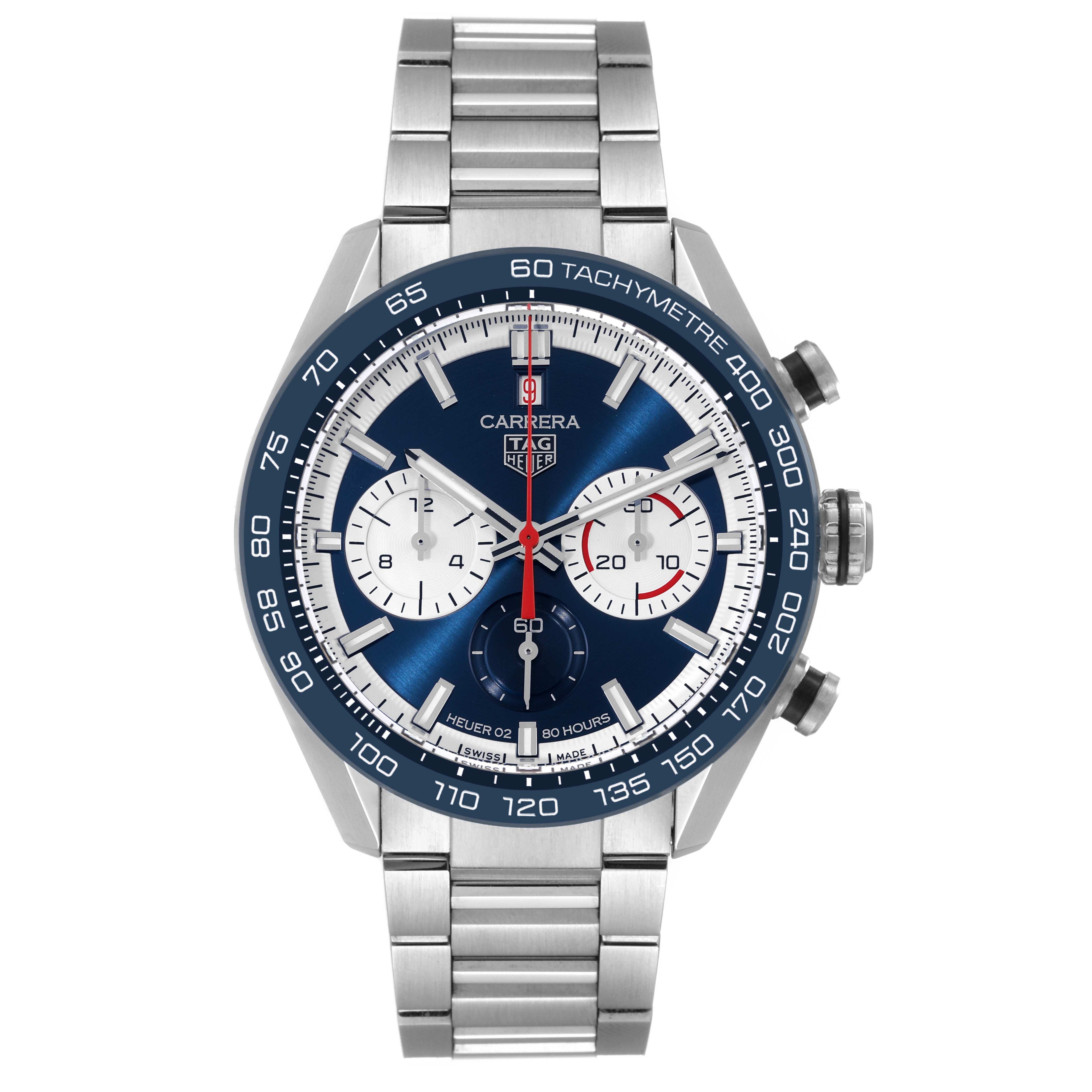 The image shows a front view of a Tag Heuer Carrera CBN2A1E.BA0643 Men's Stainless Steel Blue Dial CBN2A1E.BA0643 Men's Stainless Steel Blue Dial watch, displaying the dial, bezel, and bracelet.